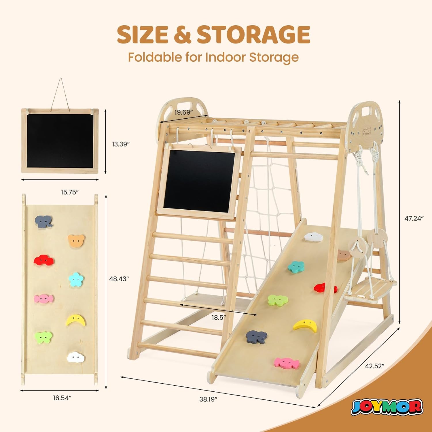 (2025 New) JOYMOR 8-in-1 Indoor Jungle Gym for Kids and Toddlers 3-6Y with Hanging-Bridge and Swing, Wooden Indoor Playground with Slide, Blackboard, Ladders for Toddler Climbers