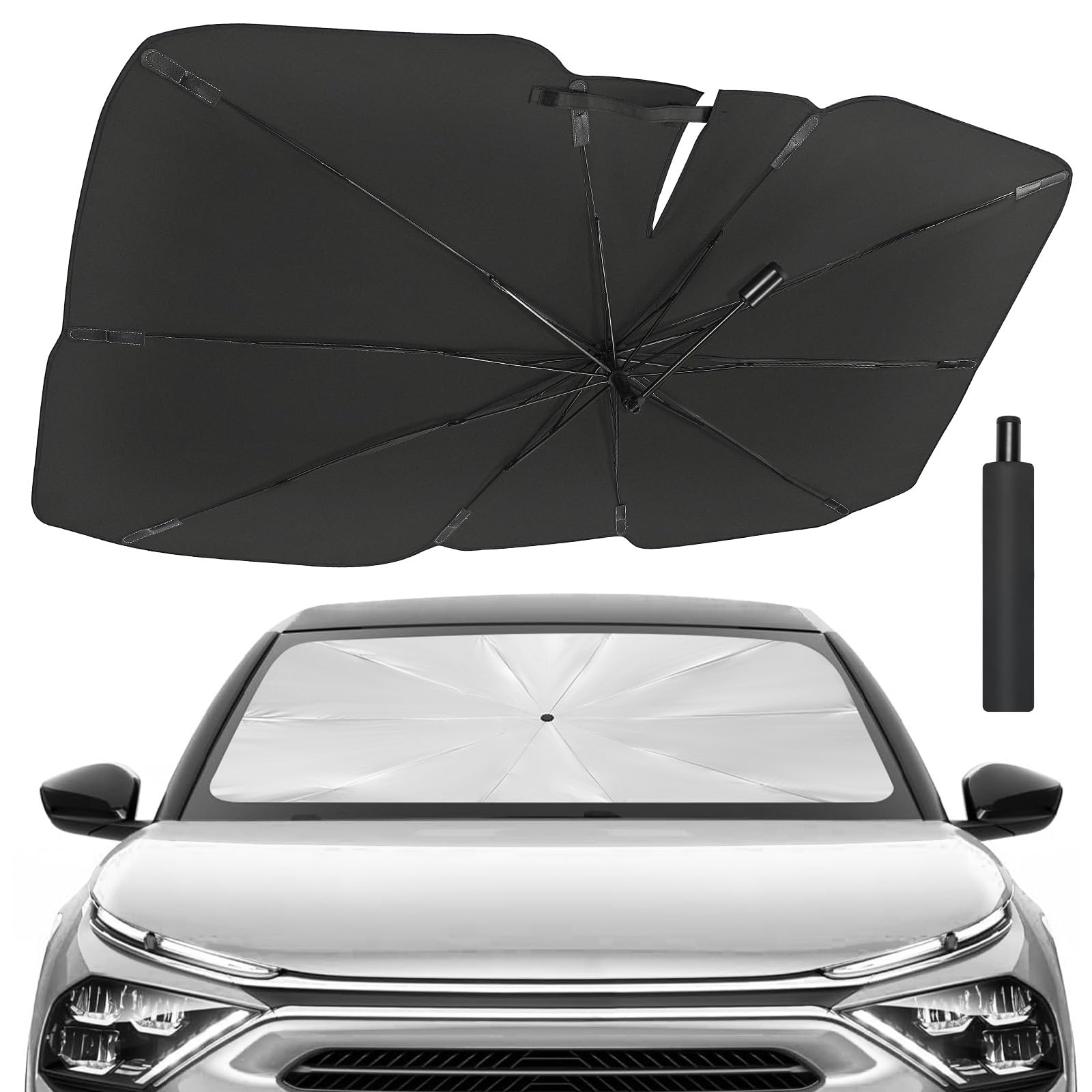 JOYTUTUS Parasol Coche Delantero, Parasol Plegable Coche con Barra Ajustable, Paraguas Parasol Coche Parabrisas Anti UV Rayos, para la mayoría de los Coches,SUV, Camiones (Diseño Patentado UE)
