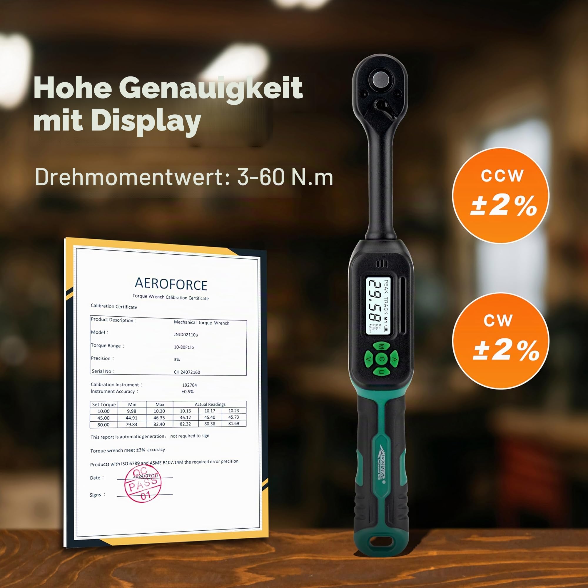AEROFORCE Digitaler Drehmomentschlüssel - 3/8 Zoll Antrieb Elektrischer Drehmomentschlüssel (3-60Nm), mit bidirektionaler Ratsche, ±2% Genauigkeit, Summer- & LED-Alarmen, 4-Messeinheiten