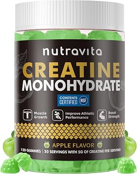 Nutravita NSF Certified Creatine Gummy - Creatine Monohydrate Gummies for Men & Women-5g of Creatine Monohydrate per Serving - Sugar Free,Vegan, Apple Flavor, 120 Count