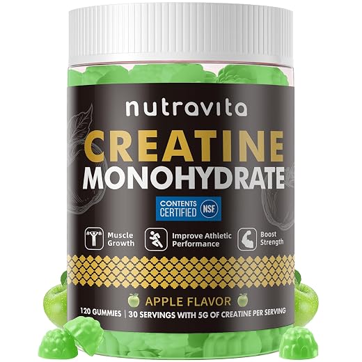 Nutravita Creatine Monohydrate Gummies for Men & Women-5g of Creatine Monohydrate per Serving - Sugar Free,Vegan, Raspberry Flavor, 120 Count