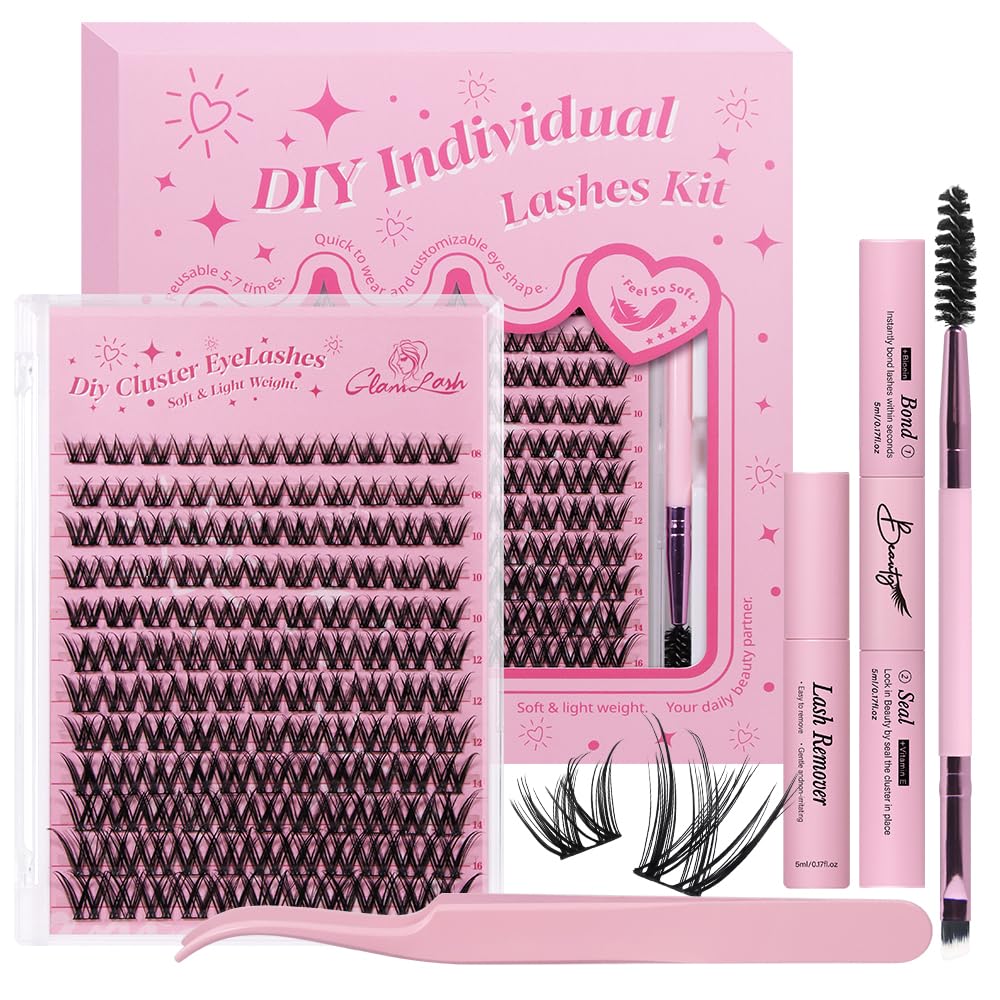 GLAMLASH Ciglia Finte Ciuffetti Kit Extension Ciglia Lash Clusters con Bond e Rimuoviciglia 8-16mm,DIY Eyelash Extension Kit (DM-FD24)