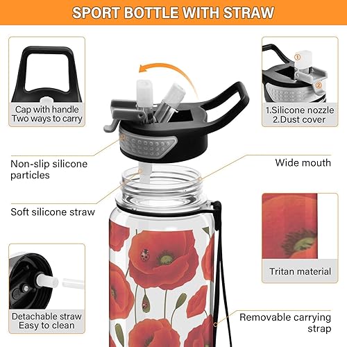 Miniatura 4 de Joko Ivery Botella de agua deportiva de 32 onzas con diseño de flor de amapola roja para niños pequeños, a prueba de fugas, sin BPA, con popote de