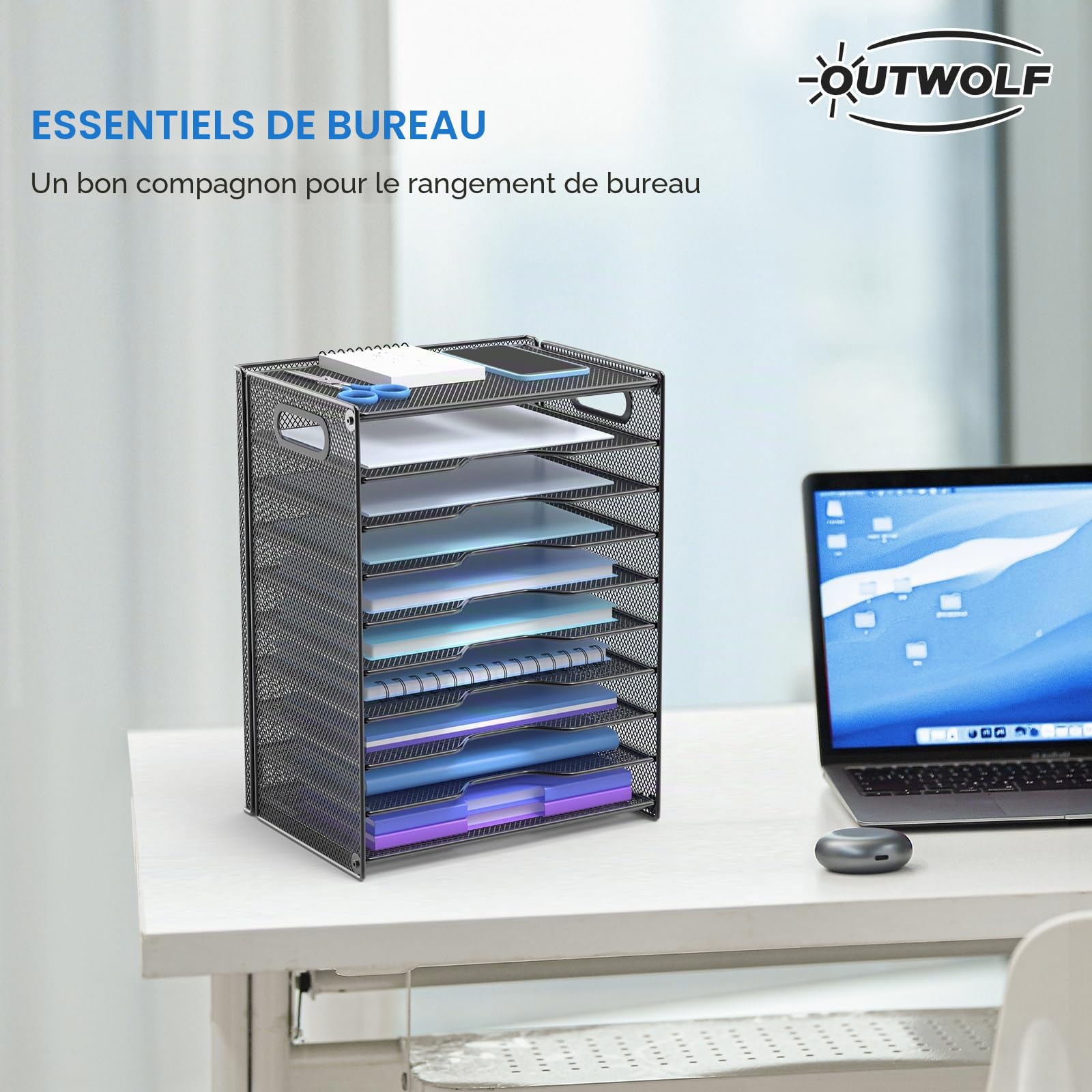OUTWOLF Organiseur de Papier à 10 Niveaux – Bac à courrier en Maille avec poignées pour Bureau, école, Bureau