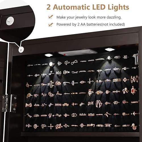 Miniatura 4 de COSTWAY Armario de joyería con espejo organizador de joyas montado en la pared con espejo de longitud completa y 2 luces LED armario de joyería de