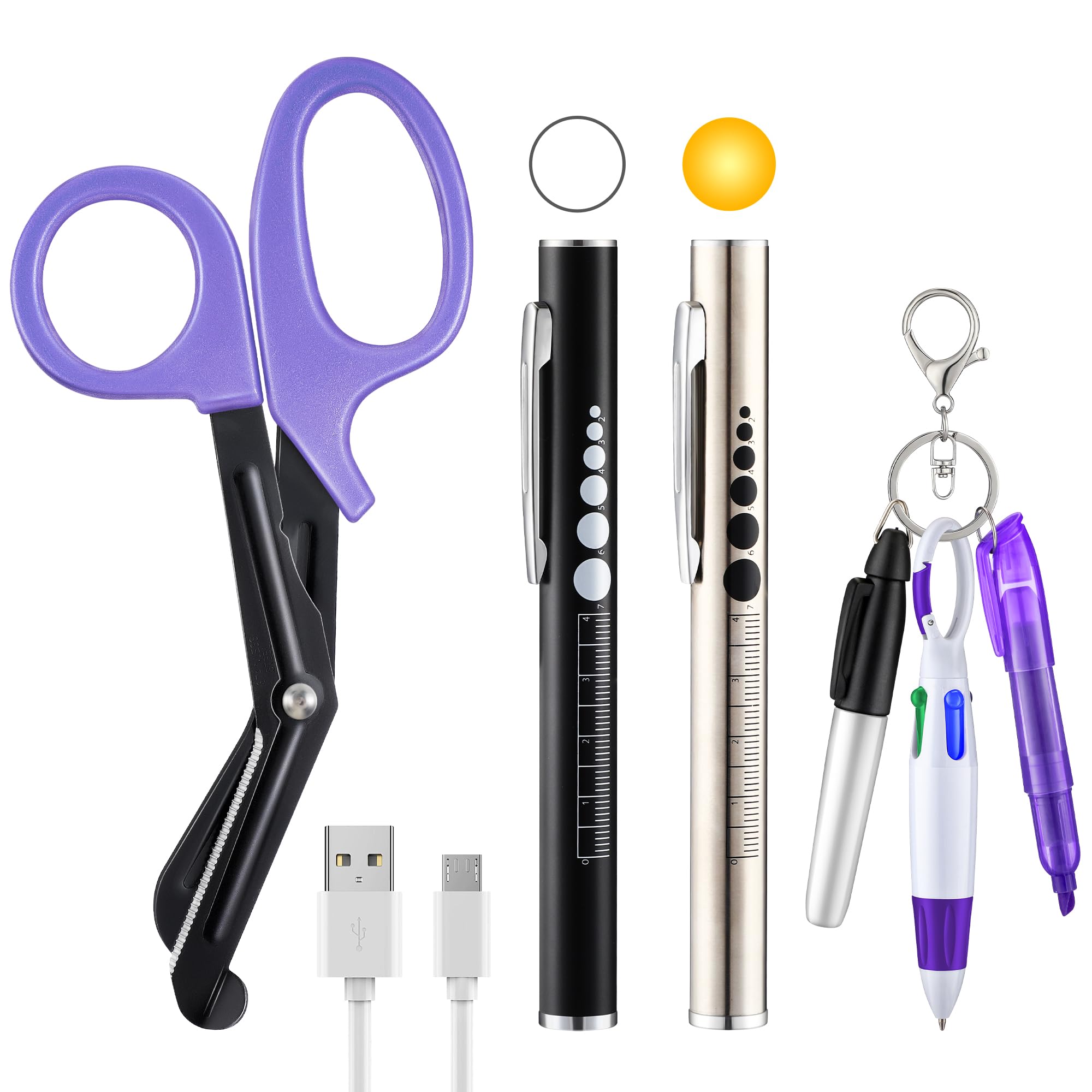 Enhon 6 Pack Nurse Tools Set, 2 Rechargeable Pen Light with Two LED Sources and Pupil Gauge, One 6'' Medical Scissors and 3 Mini Highlighter Pen for Nurse, Student, Doctor, First Aid(Purple)