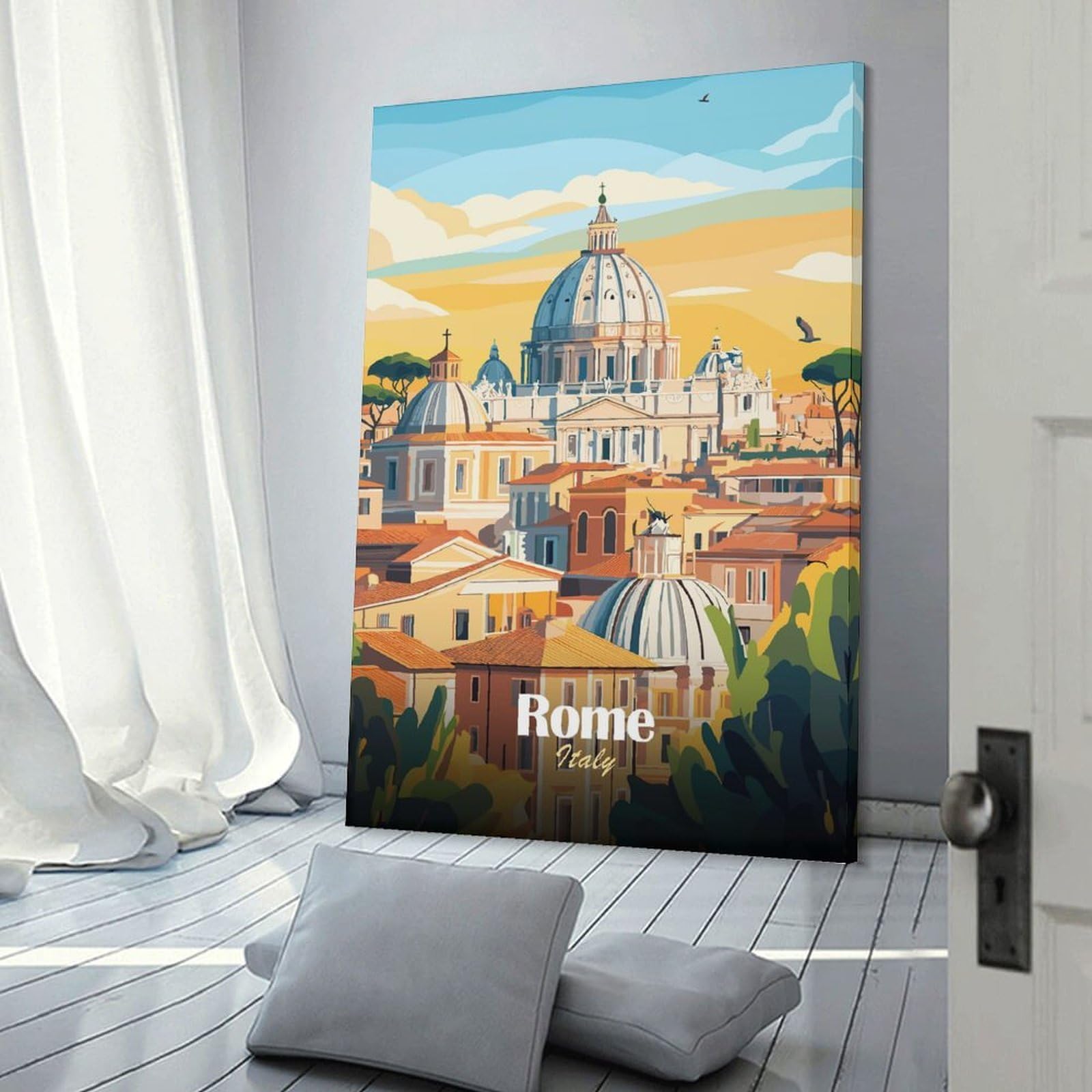 Junmoney Canvas Wall Decor Rome Cityscape Illustration, 20x30inch(50x75cm), for Bedroom Decor, Cosy Corners Or Studios, Decorative Wall Art for Cosy Rooms
