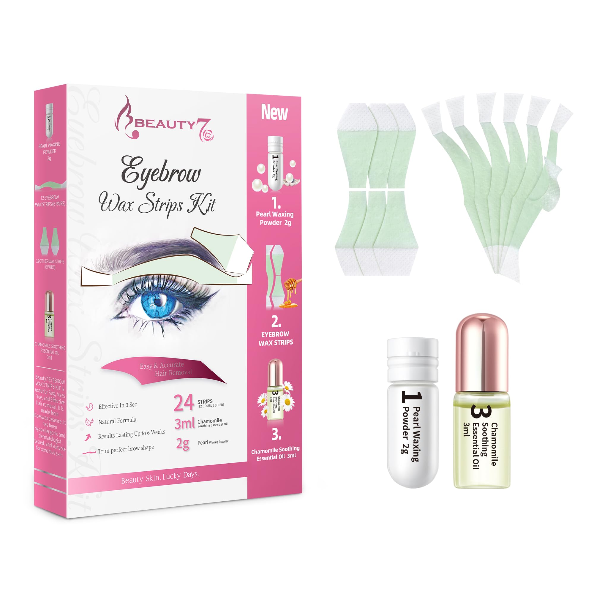 Eyebrow Waxing Strips, Wax Strips for Face, Quick Hair Removal Facial For Women Includes 24 Waxing Strips + 3ml Soothing Oil After Wax, 2g Pearl Powder