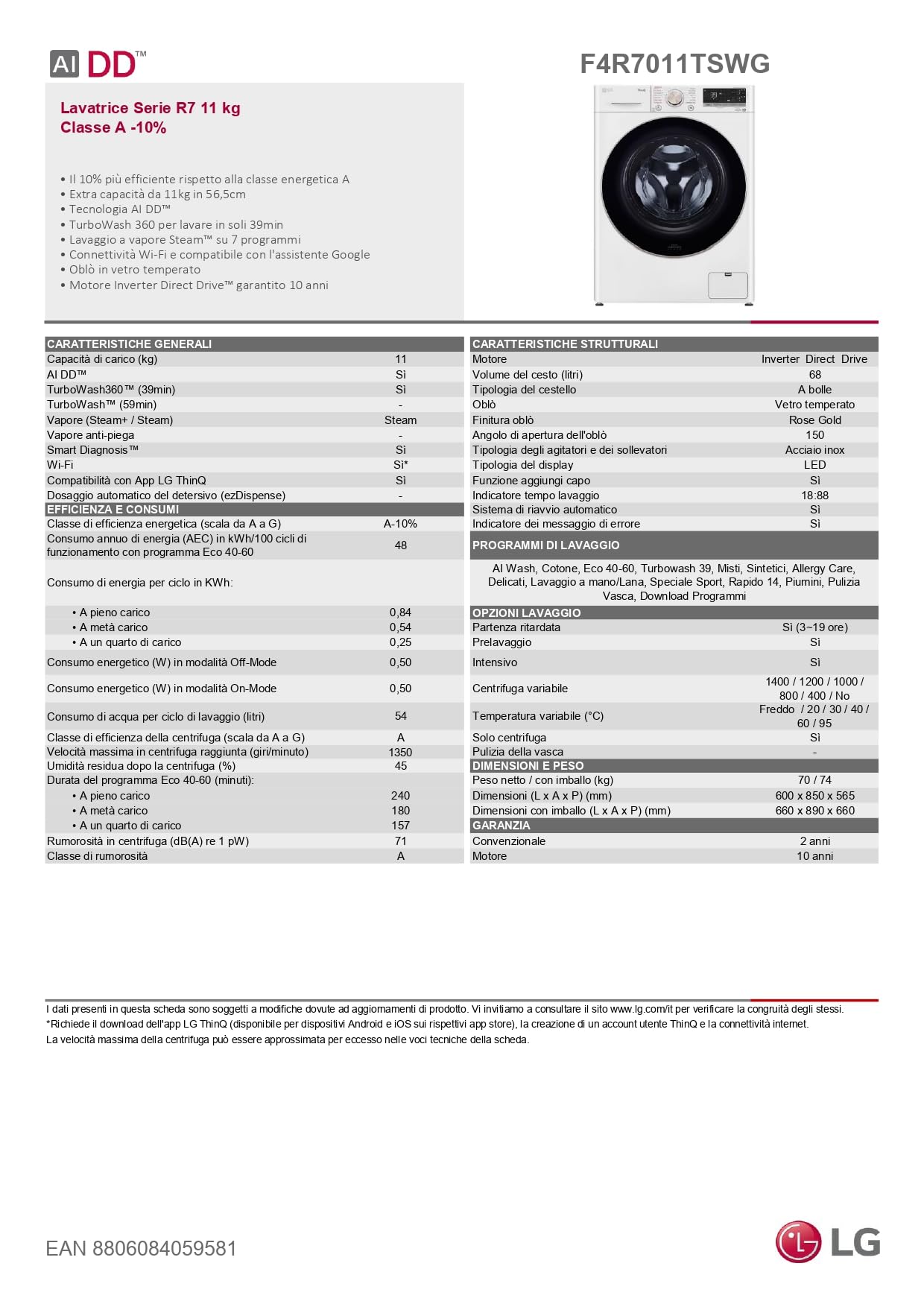 LG AI DD F4R7011TSWG Lavatrice 11kg, a Carica Frontale, Serie R7, Lavatrice Classe A -10%, 1400 giri, TurboWash 360, Vapore su 7 Programmi, Wi-Fi, Libera installazione, Bianco