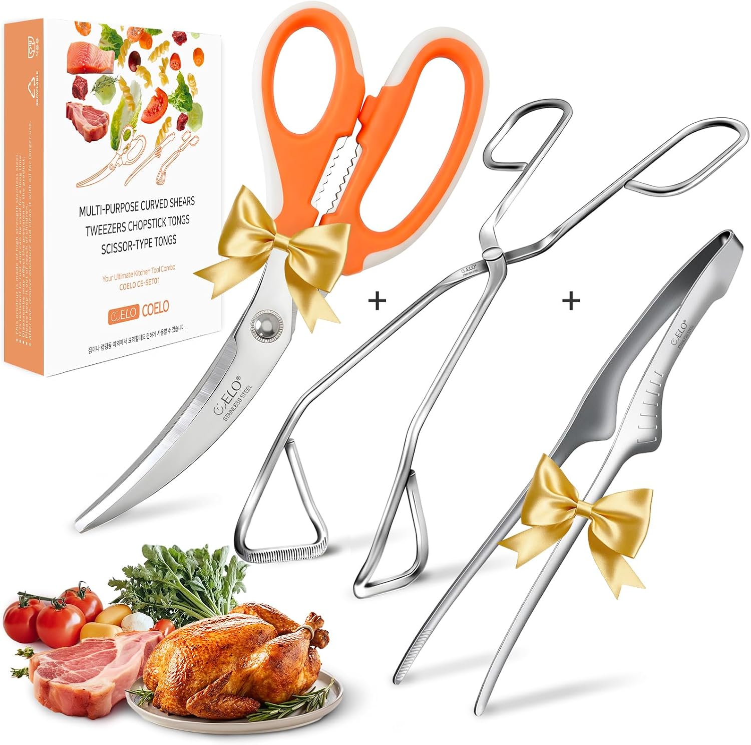 COELO Korean BBQ Kitchen Shears and Tongs Set | Multi-Purpose Kitchen Scissors, Tweezers, Scissor-Tongs for Cooking Chicken Meat Salad Barbecue Herb | Stainless Steel Comfort Handle Dishwasher Safe