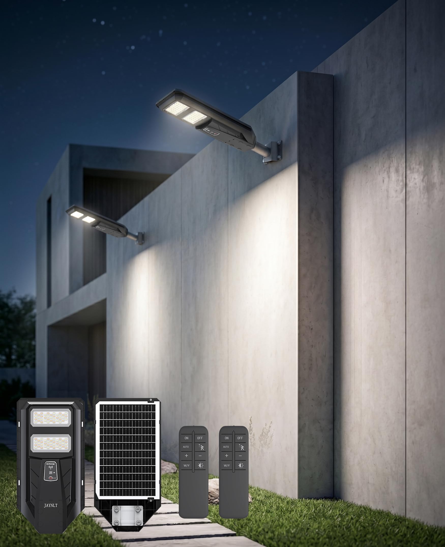 JAYNLT Lampione Solare LED Esterno, 3000K/4000K/6500K Faretto Led da Esterno con Sensore di Movimento, IP67 Impermeabile Faro Solare per Giardino Cortile Garage (2 Pezzi)