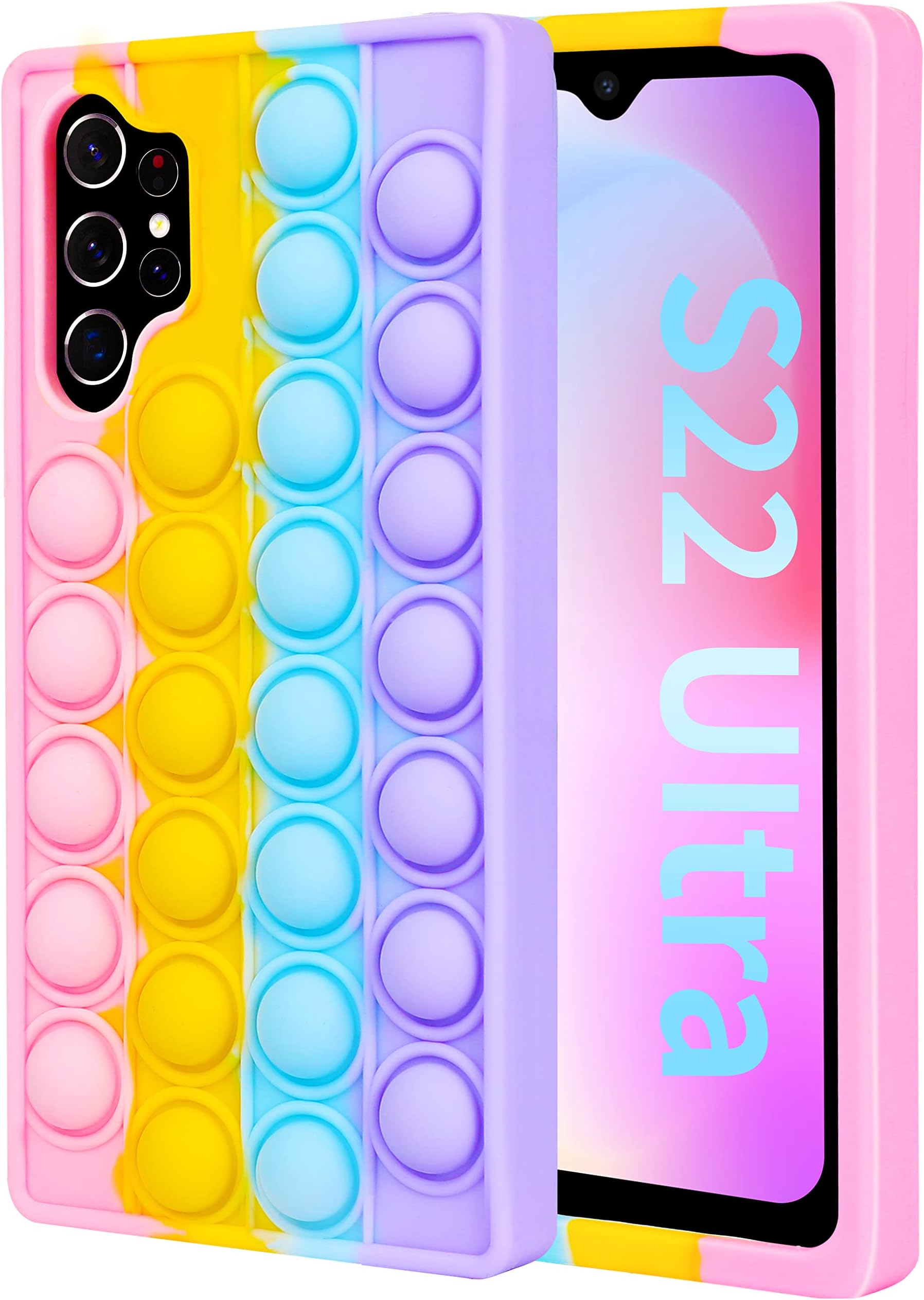 Toycamp Fidget it Case for Samsung Galaxy S22 Ultra 5G 6.8 Inch Cute Silicone Girls Push Bubble Wrap Phone Cases Funny Cartoon Fun Cover Teens Boys Color Rainbow Unique for S22 Ultra 5G