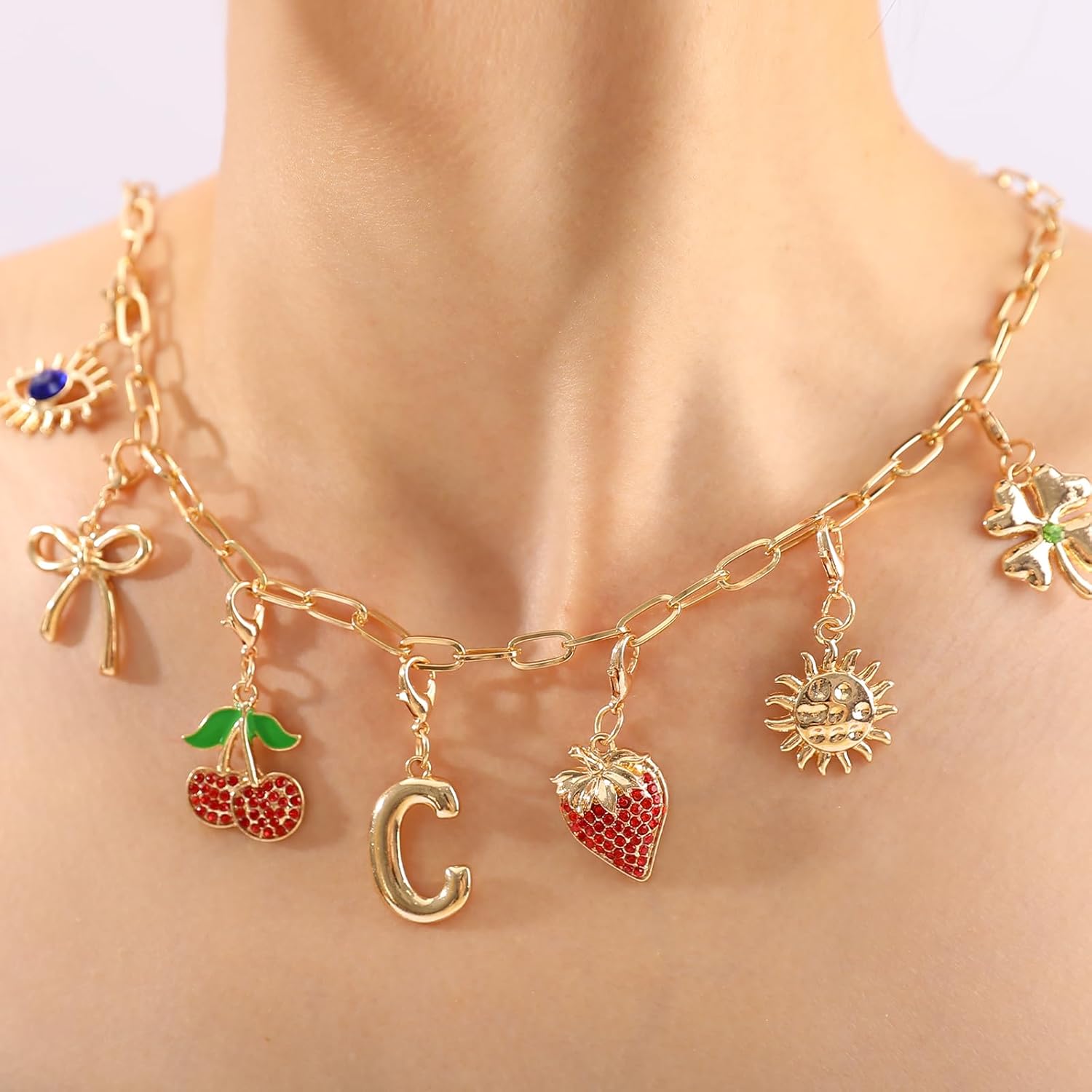 Initial Charm Necklace for Women, Evil Eye Four-Leaf Clover Sun Bow Cherry Strawberry Removable Charms Necklace Paper Clip Chain Choker, Trendy Jewelry Birthday Christmas Gifts for Her (Letter C ) - Image 2