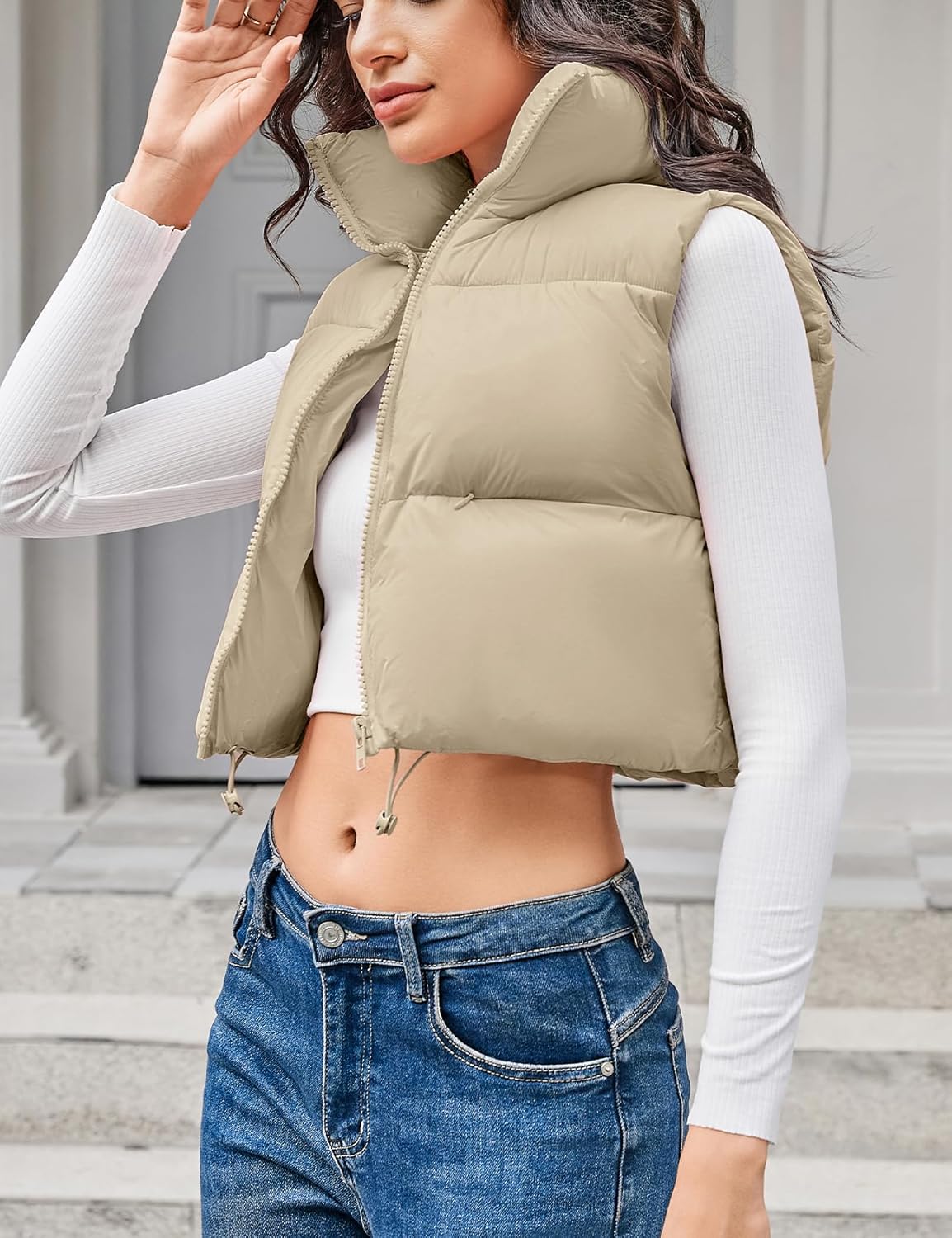 Kissonic Women's Cropped Puffer Vest Lightweight Fluffy Vest Sleeveless Warm Winter Outerwear - Image 3