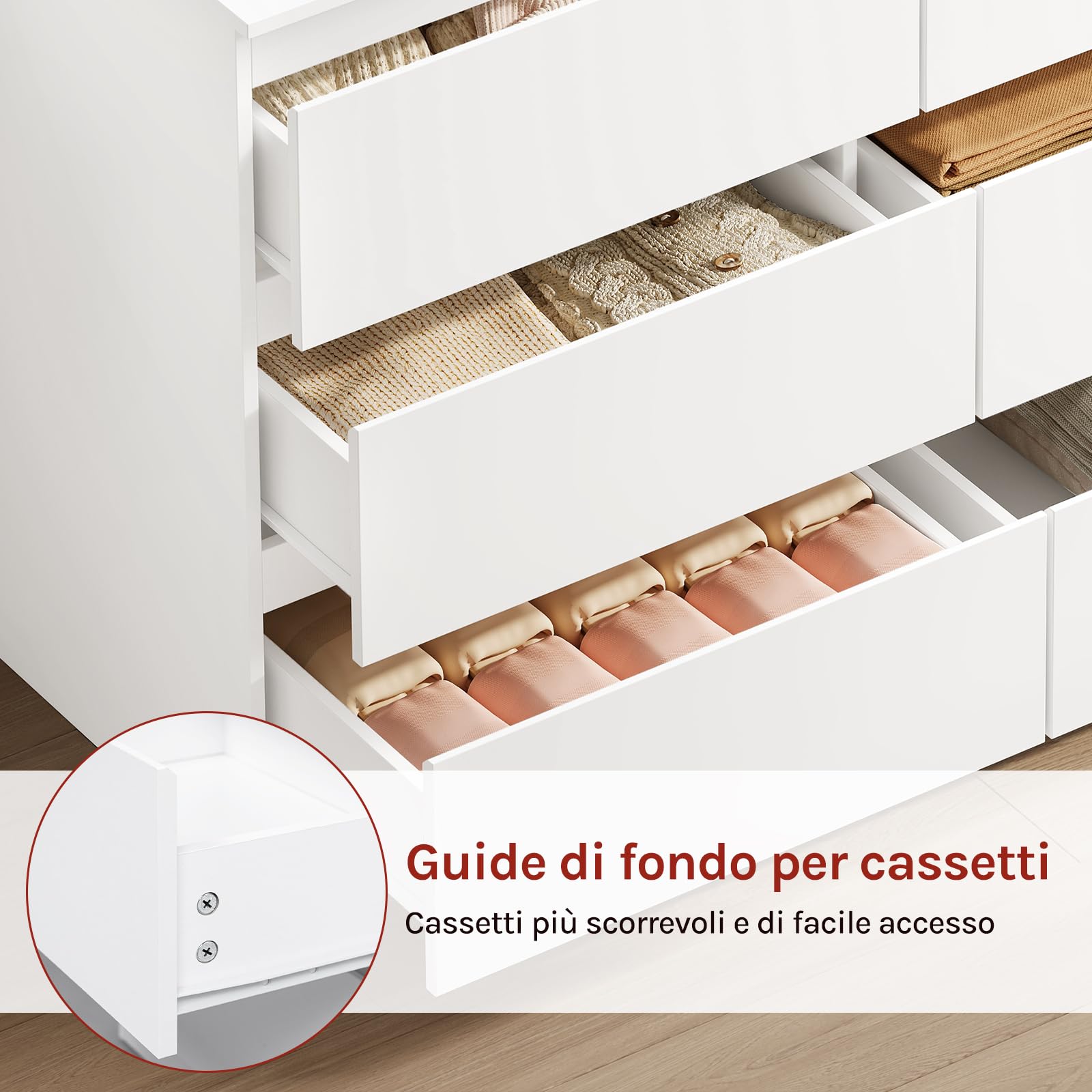 WOLTU Cassettiera, Mobiletto Salvaspazio | con 6 Cassetti, in Stile Moderno per Soggiorno, Camera da Letto e Corridoio, 100 x 36 x 69 cm, Bianco, Legno