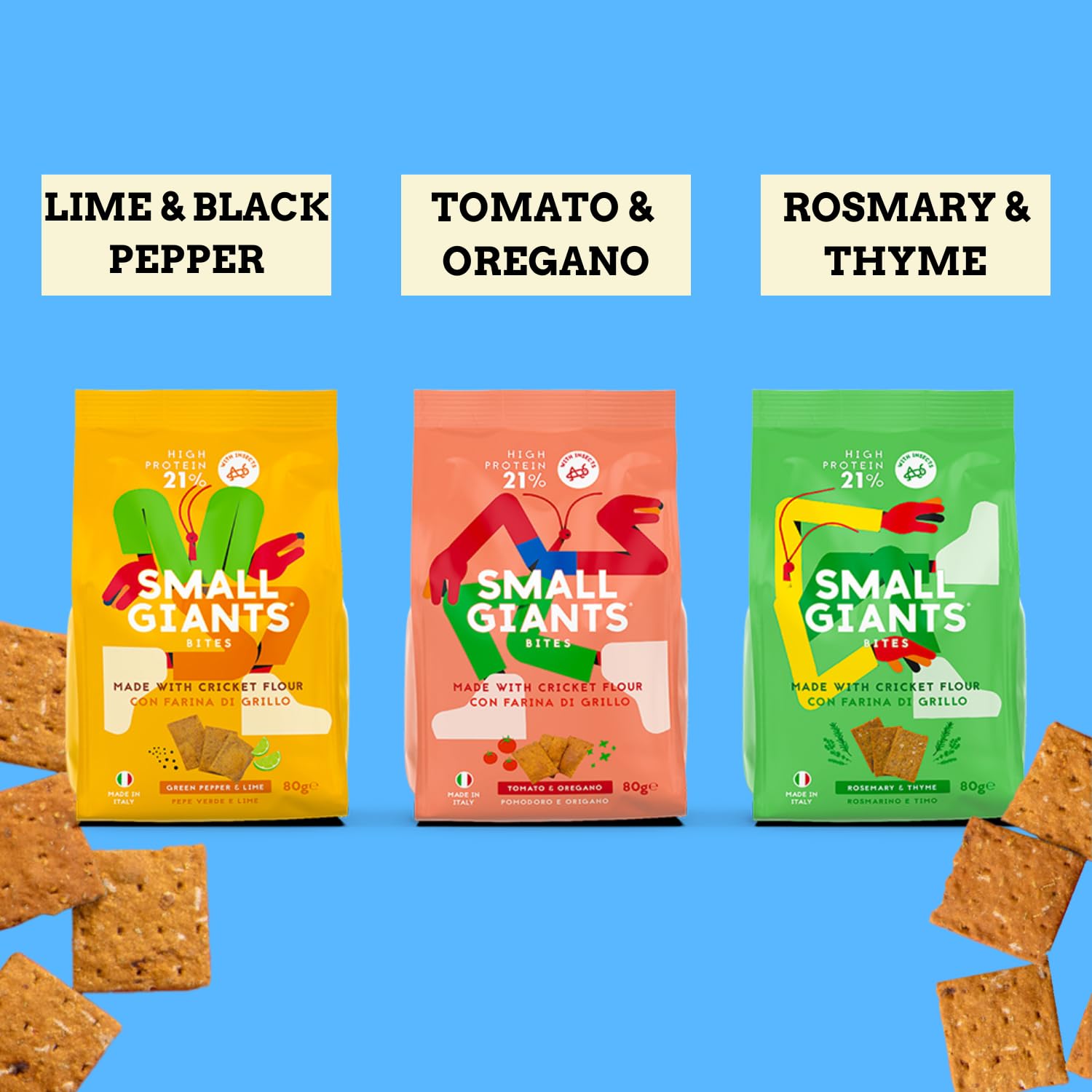 SMALL GIANTS®| Chipsy Proteinowe Jadalne Owady, Zdrowe Przekąski z Mąką ze Świerszczy, Chipsy Mix, Low Carb, Smak Pomidor&Oregano, Rozmaryn&Tymianek, Limonka&Czarny Pieprz (Mix- All Flavours)