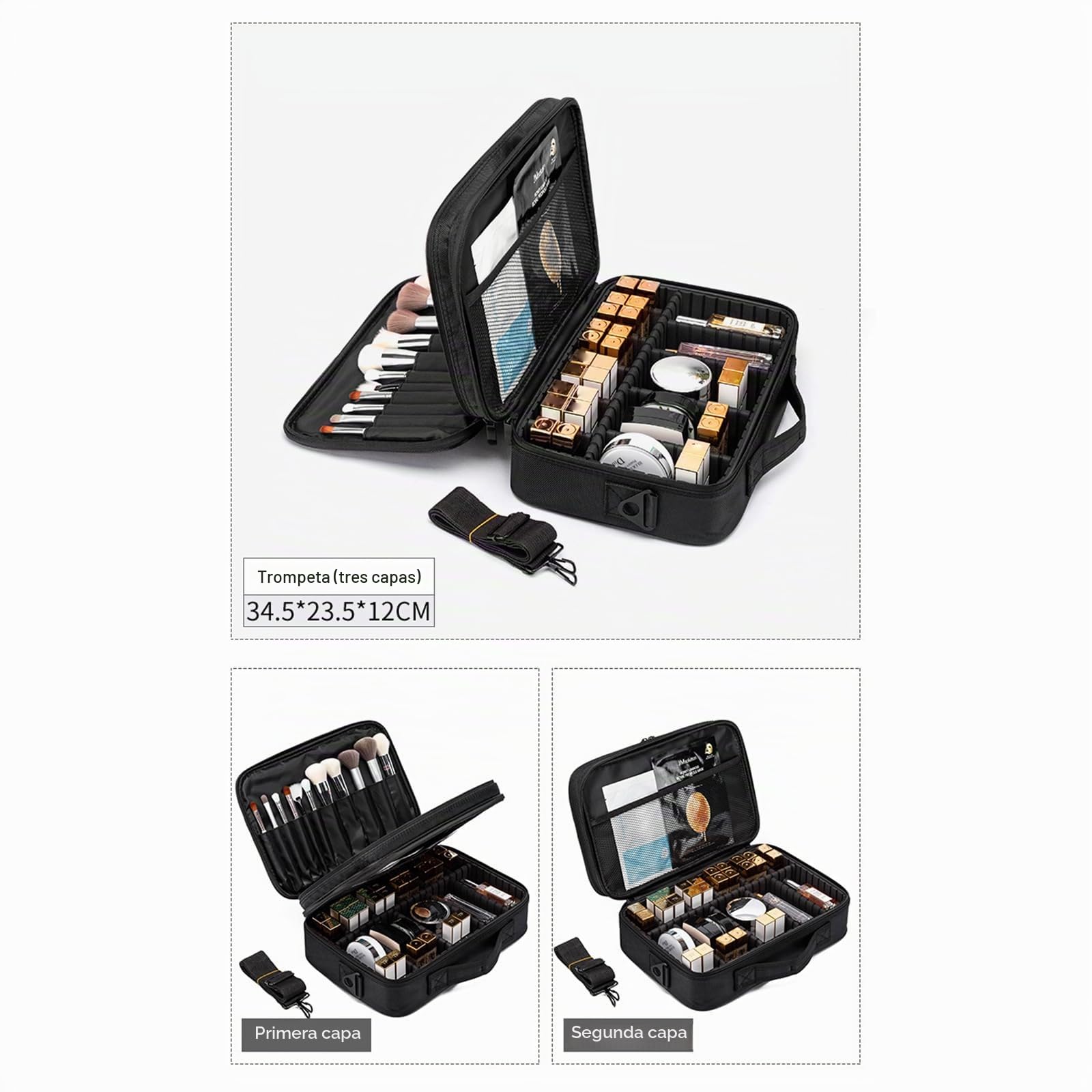 Bolsa de Neceser Maquillaje Profesional Grande, Tela Oxford Organizador de Maquillaje, Mujer Maletin Maquillaje de Viaje con Gran Capacidad y Diseño Divisible, con Bandolera y 2 Capas, Negro