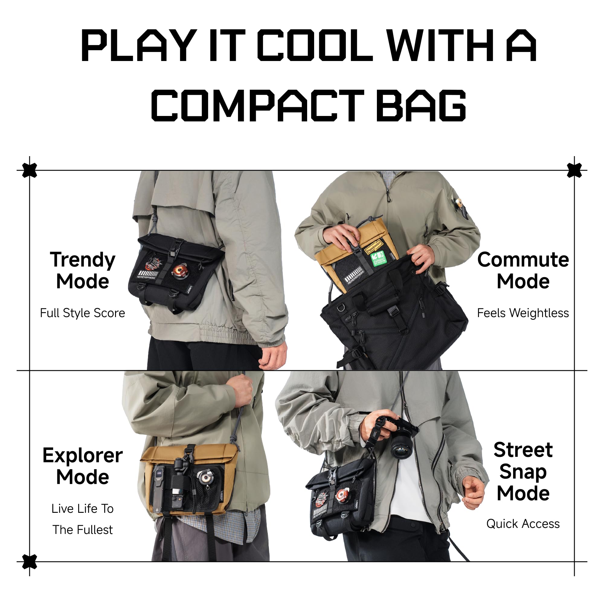 VSGO Techwear - Borsa a tracolla per fotocamera da uomo, 3 l, impermeabile, con punti modulari e tasca nascosta, Nero, 3L
