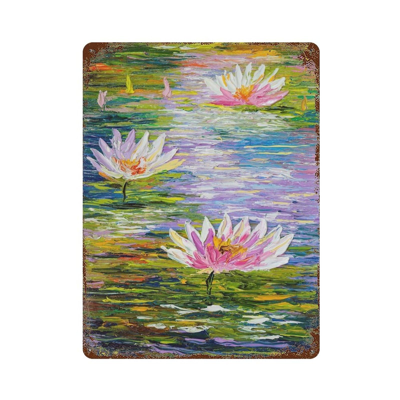 Rust Effect Joyful Water Lilies Rusty Metal Tin Sign 15.7"x11.8", Farmhouse Wall Decor for Cafe, Home Bar And Lounge Decor