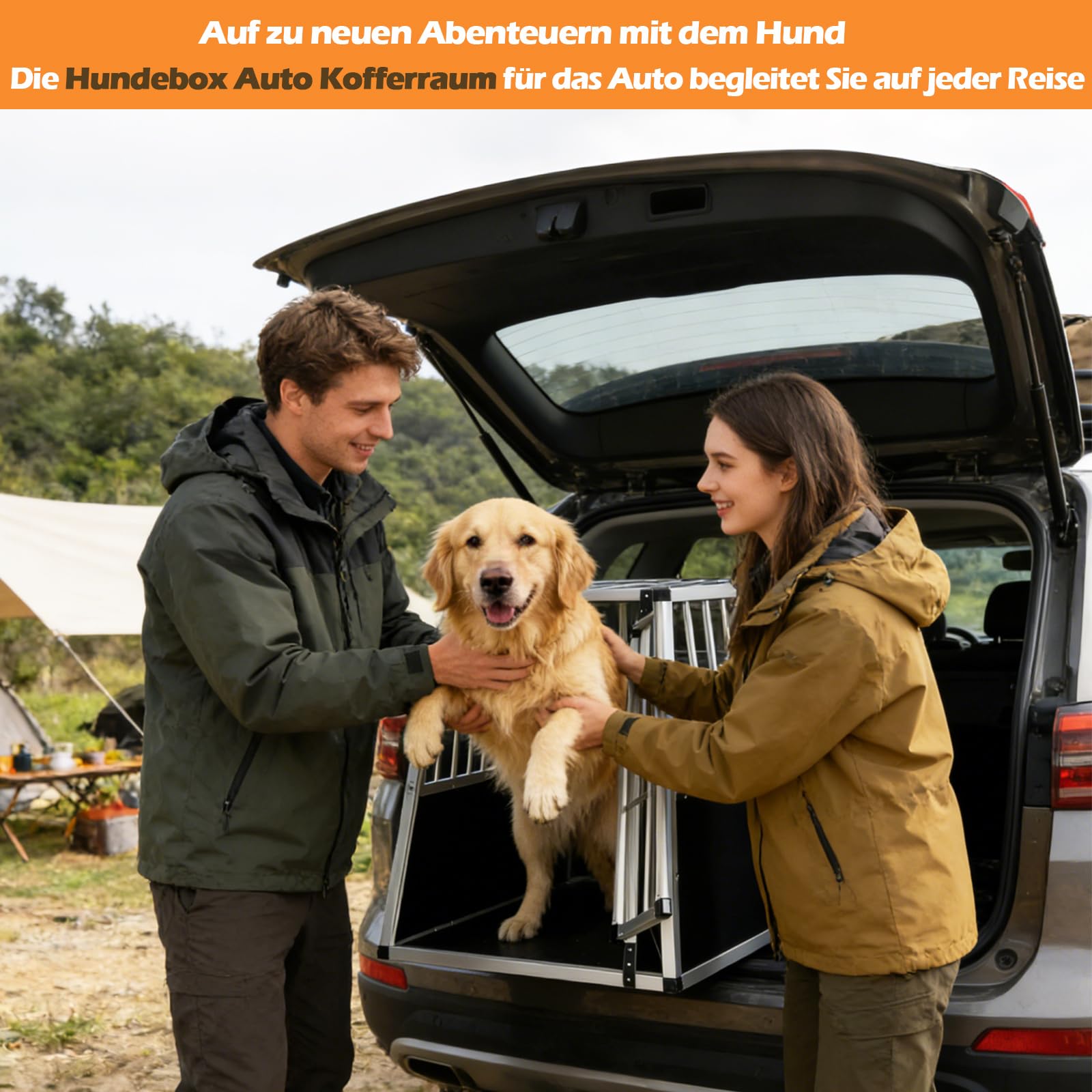 GYMAX Transportín de Aluminio para Perros Gatos, Transporte para Coche Mascotas con Cerradura, Estructura de Metal, Caja de Transporte Robusto y Fácil (91 x 65 x 69,5 cm)