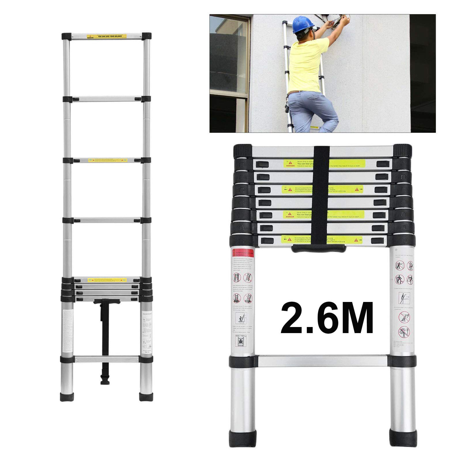 Feidak Black Aluminum Attic Ladder 2.6M Lightweight With Non-Slip Rubber Feet, En 131 Certificate Loft Ladders Straight Climb Ladder Multi Function For Indoor Outdoor Use, 150Kg Capacity Telescoping Ladder