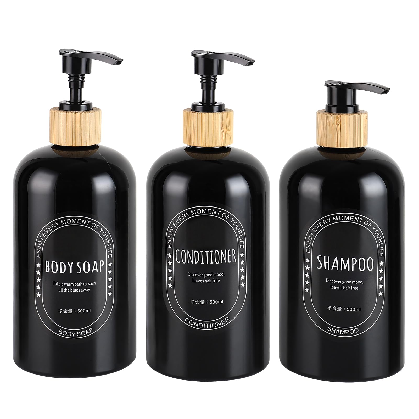 DEROANBOTT Shampoo and body soap dispenser, 16.9 ounce 3-pack reusable shampoo and conditioner bottle, pushable bamboo pump empty shampoo bottle,