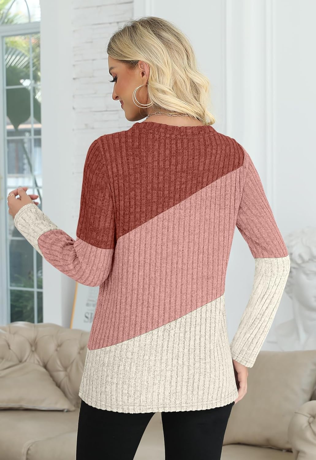 AYIFU Womens Lightweight Sweaters Long Sleeve Knit Color Block Sweater Crewneck Tops for Casual Fall Winter Tunic - Image 4