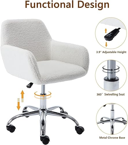 Miniatura 4 de Silla de tocador blanca mullida, bonitas sillas de escritorio de piel sintética con asiento tapizado ajustable en altura ajustable, moderna silla