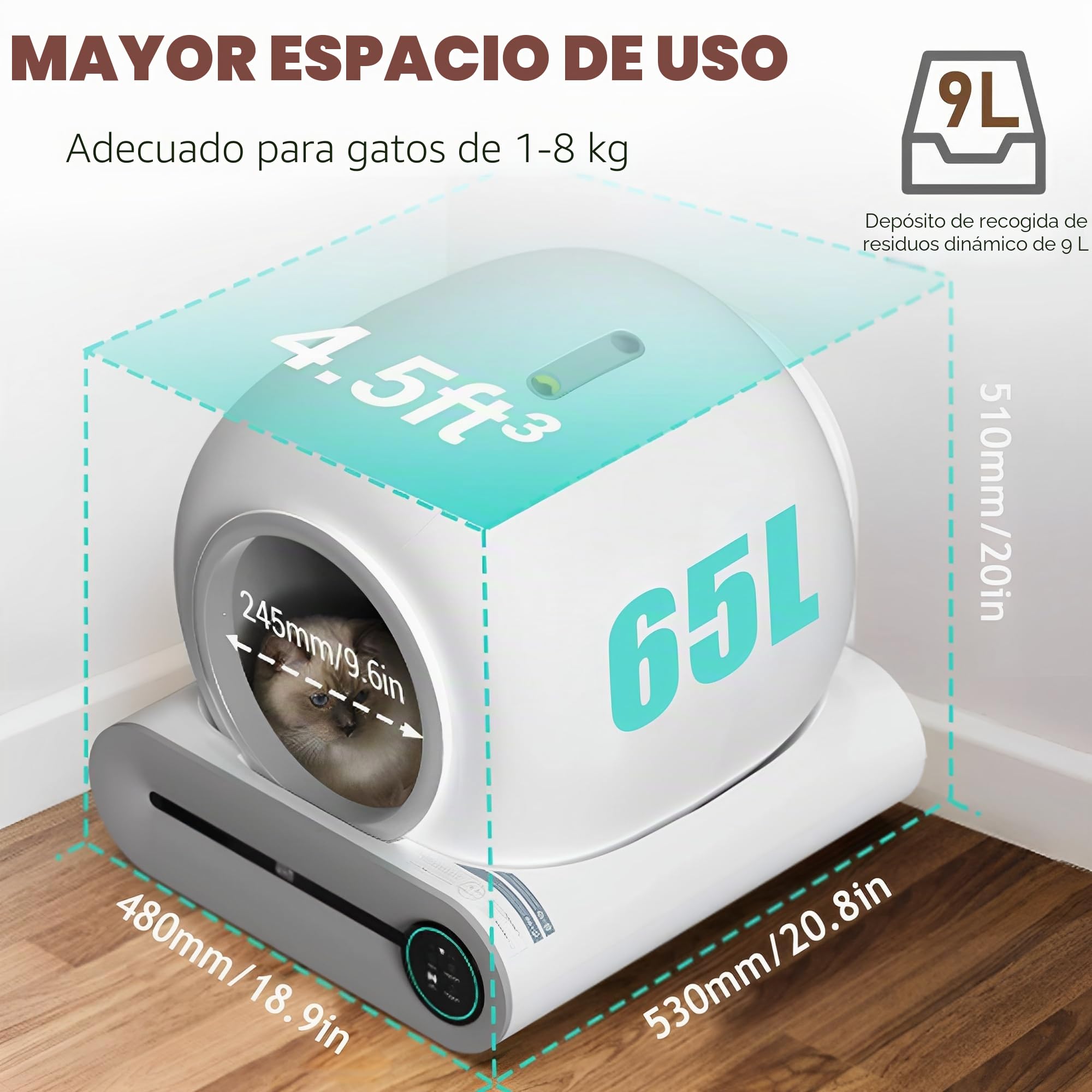 Arenero Gatos Autolimpiable, Arenero Automatico, Control de App | 65+9L Capacidad, 3 Rollos de Bolsas de Basura, Caja de Arena para Gato Automática, Desodorización con Iones Negativos