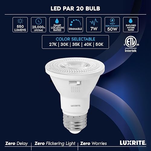Miniatura 16 de LUXRITE Paquete de 4 bombillas LED PAR20, equivalente a 50 W, blanco cálido de 2700 K, bombilla LED regulable, para interiores y exteriores, 7 W