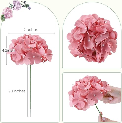 Miniatura 3 de AVIVIHO Cabezas de Flores de Seda de Hortensia Rosa Empolvado Paquete de 10 Flores de Hortensia Rosa Empolvado de Plenitud Artificiales con Tallos