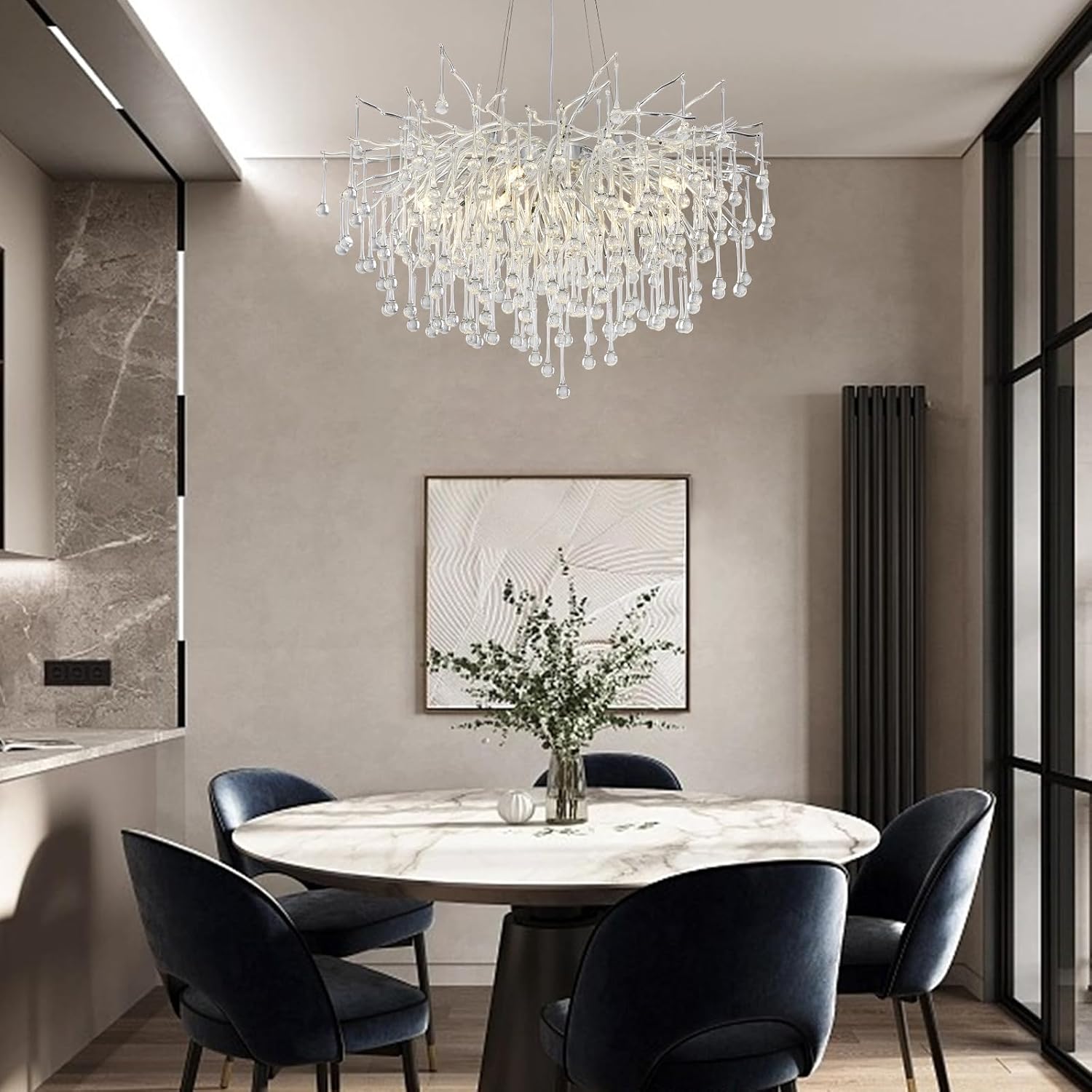 Modern Chandeliers for Dining Room 31.5in Crystal Chandelier Silver Tree Branch Chandelier Raindrop Round Ceiling Pendant Light Fixture for Living Room Entryway Foyer