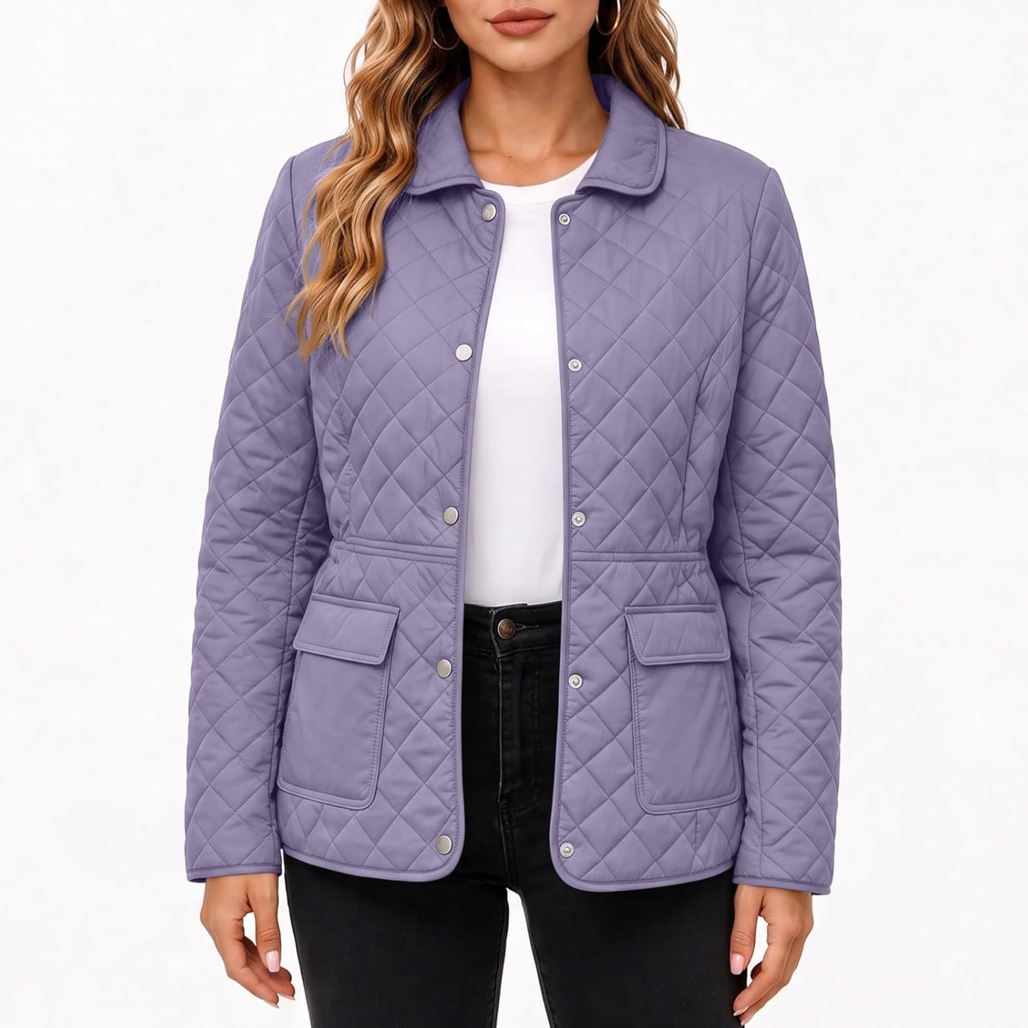 Women's Quilted Jacket Collared Snap Front Chic Short Padded Coat