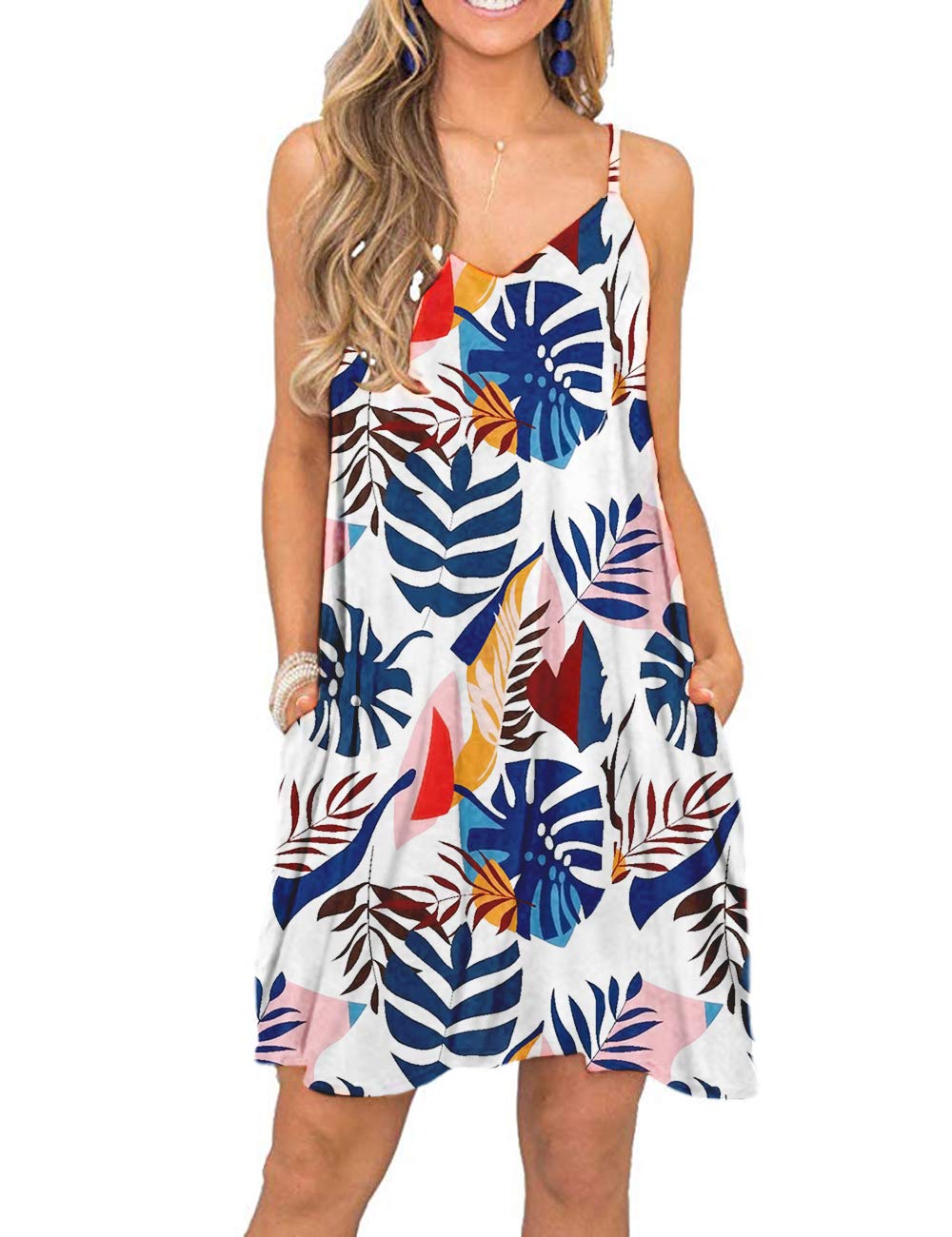 MISFAYWomen's Summer Spaghetti Strap Casual Swing Tank Beach Cover Up Dress with Pockets