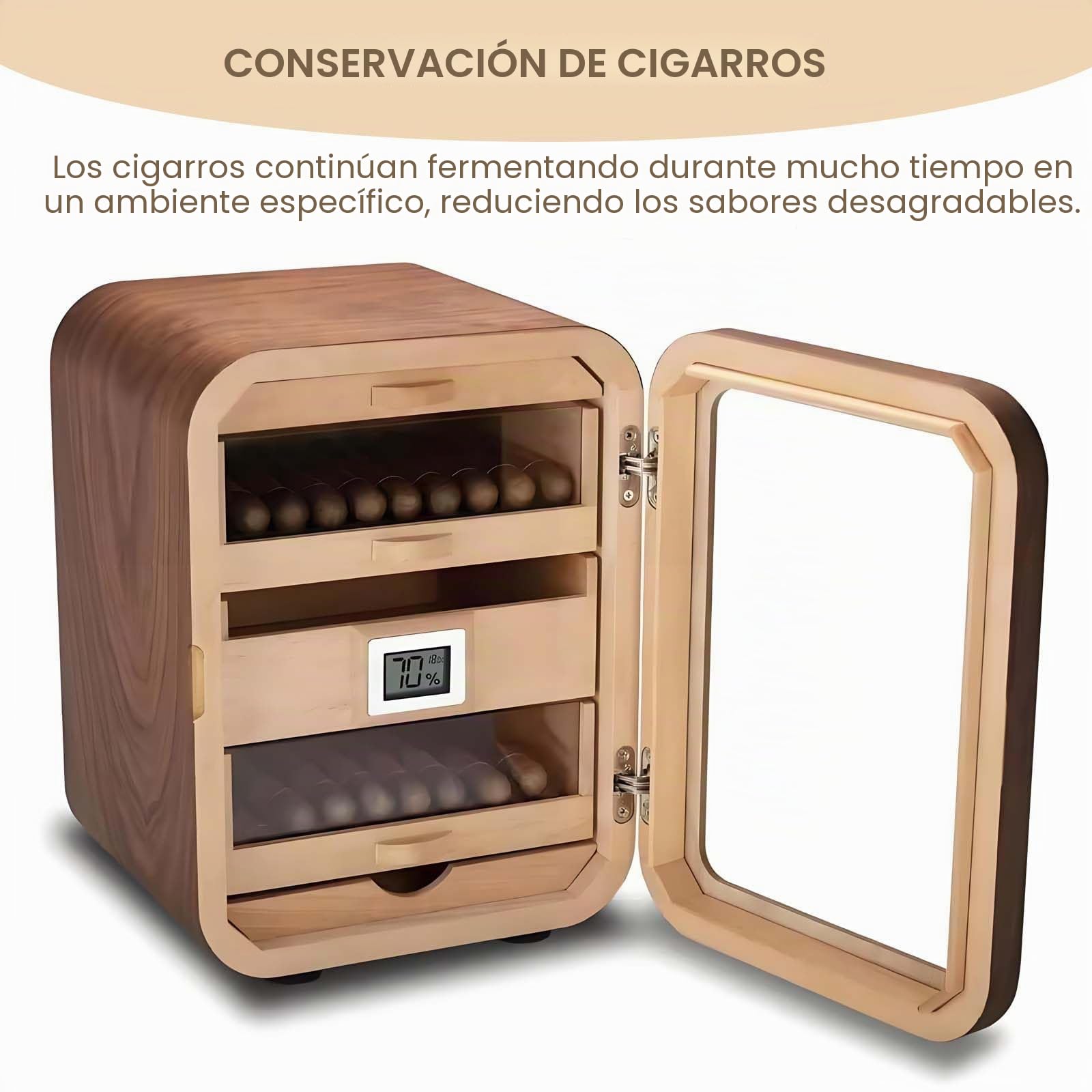 Humidificador eléctrico Inteligente para Puros, silencioso y de Temperatura Constante, con Estante y cajón de Cedro para 110 Puros. B