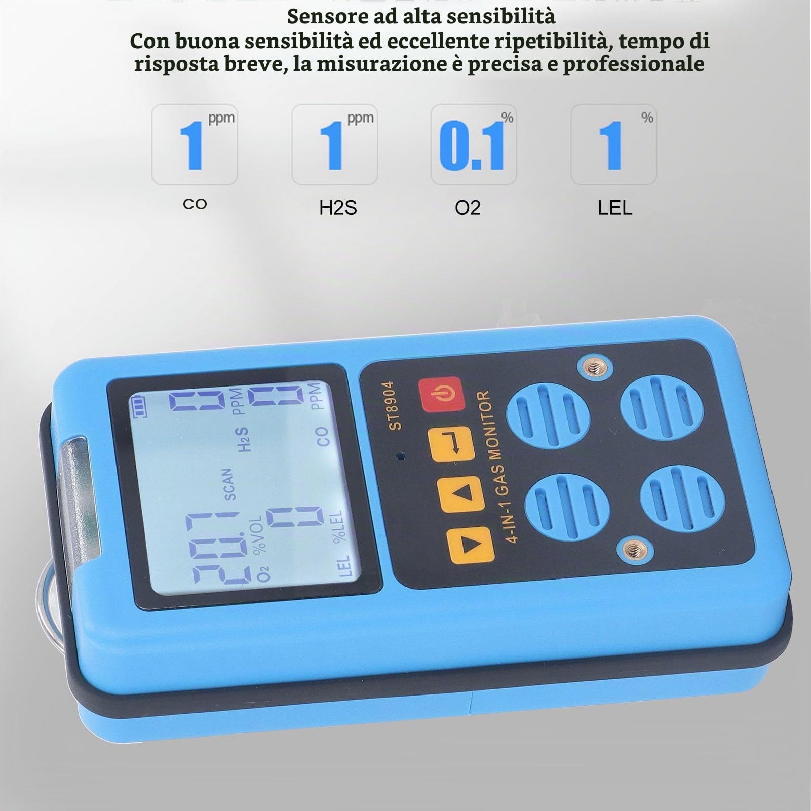 Rilevatore Gas 4 in 1 Portatile, Monitor Multigas CO H2S O2 CH4, Alta Sensibilità con Display Retroilluminato, Allarme Sonoro/Vibrazione/Luce, Ricaricabile USB per Industria e Laboratorio