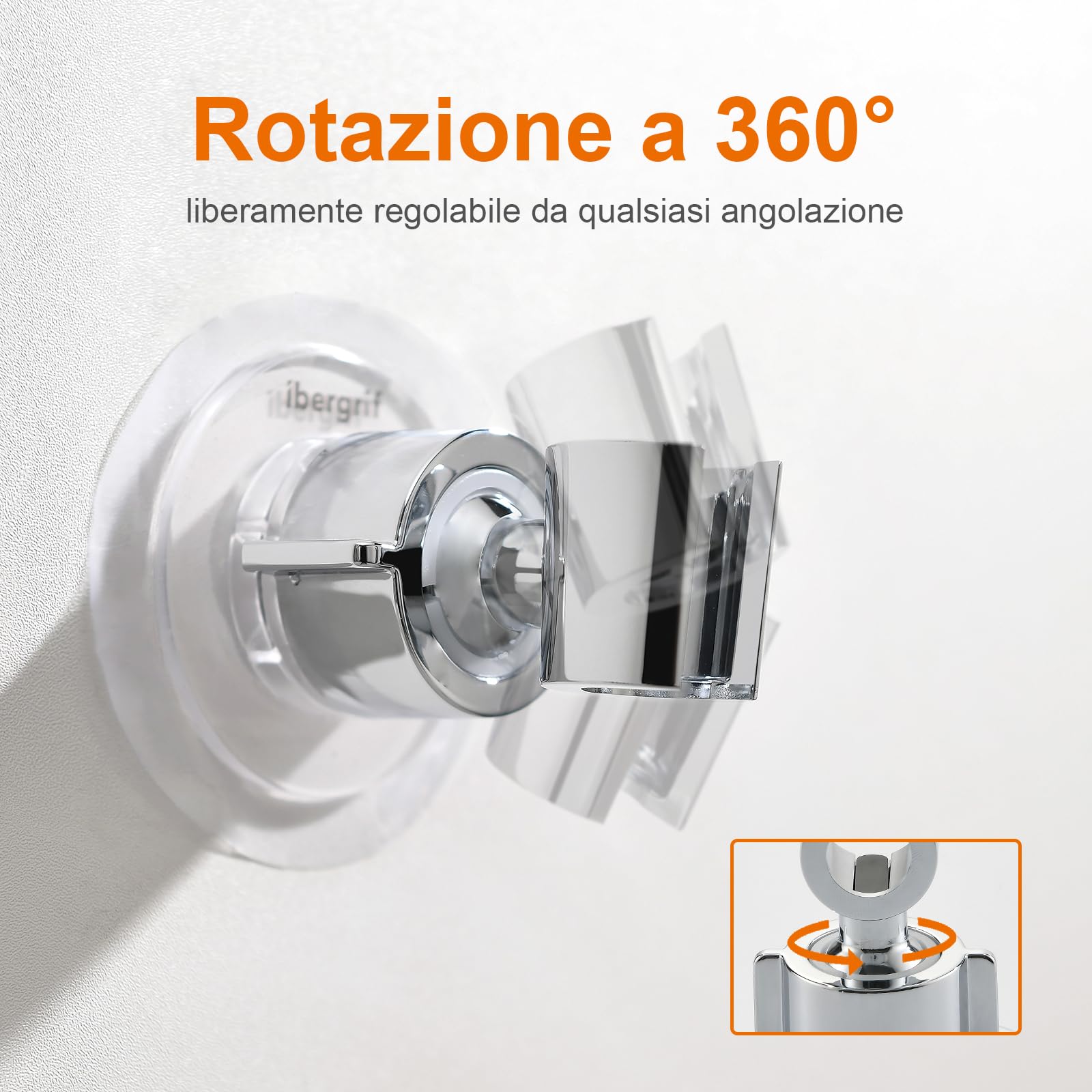 Ibergrif M20407 Supporto per Doccia, Adesivo Staffa Soffione, Doccia Senza Necessità di Trapano, rotazione a 360°, adatta per casa, hotel, bagno