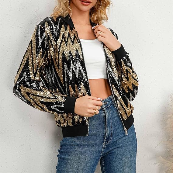 Veste Paillettes Femme Bomber Scintillante - Pour Soirée, Cocktail, Club, Fêtes De Fin D'année