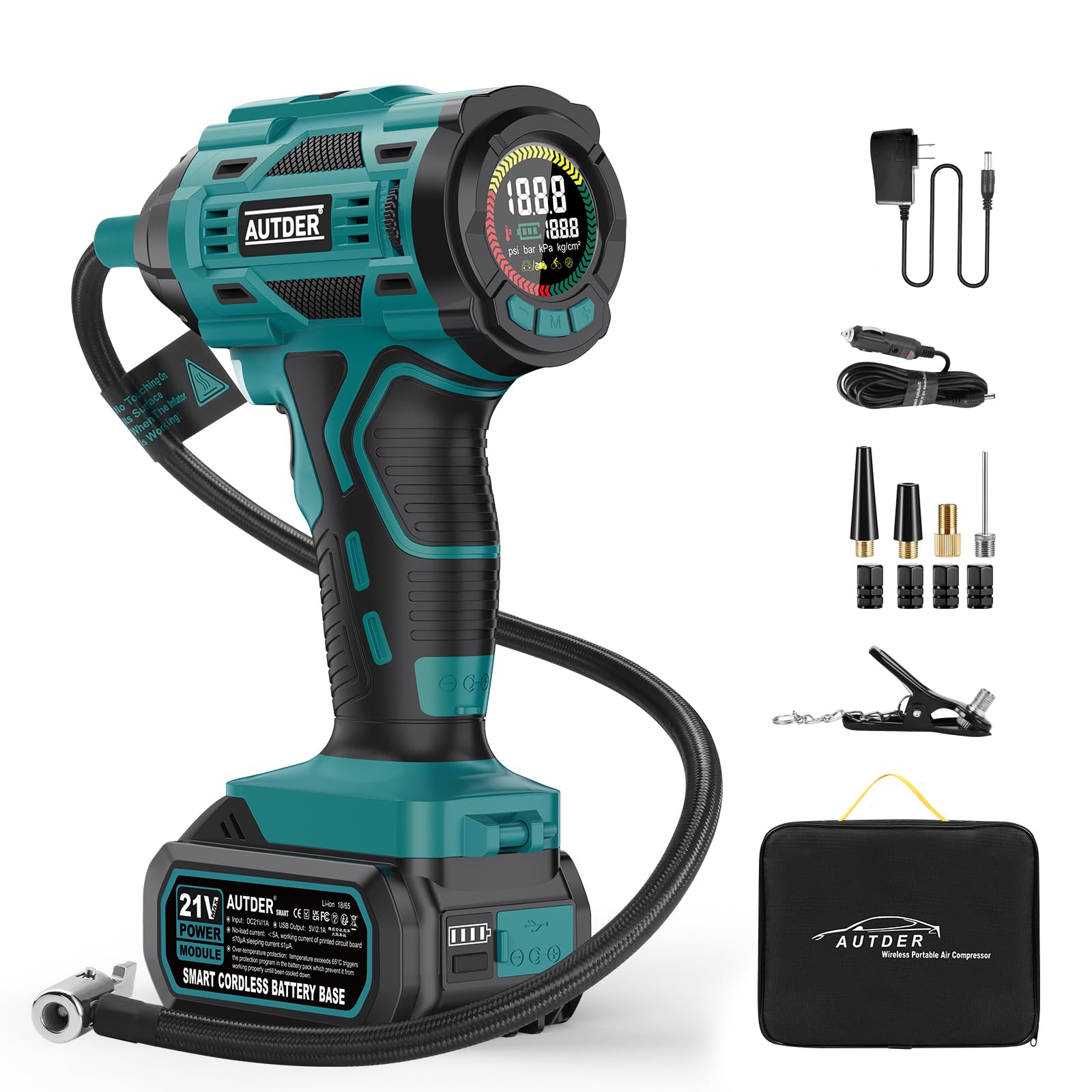 AUTDER 21V Akku Luftkompressor - 12,4 Bar/180 PSI Hochdruck Elektropumpe mit LED-Licht & Kühlsystem, Tragbarer Luftkompressor für Auto, Motorrad, Fahrrad inkl. 12V Netzteil & Sporttasche, Blau-Schwarz