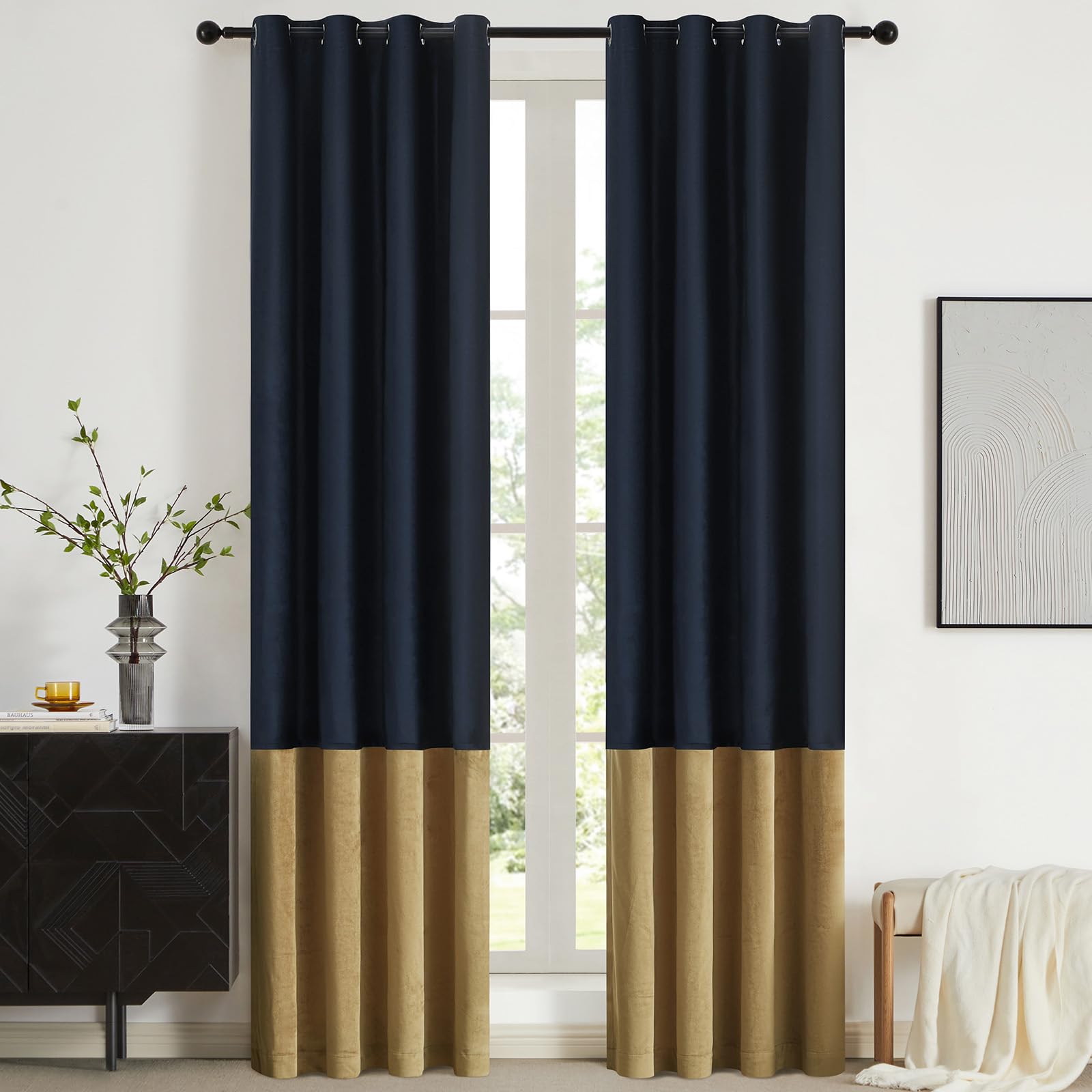 BULBUL Color Block Window Curtains Panels 120 inches Long Navy Blue Gold Velvet Farmhouse Drapes for Bedroom Living Room Darkening Treatment with