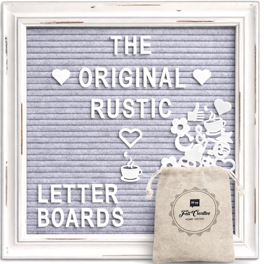Gray Felt Letter Board Back to School Sign with Rustic Wood White Frame - Grey Farmhouse Letter Board Sign with Stand - Baby Announcement 10x10 Felt Board Changeable Message Board with 350 Letter Set
