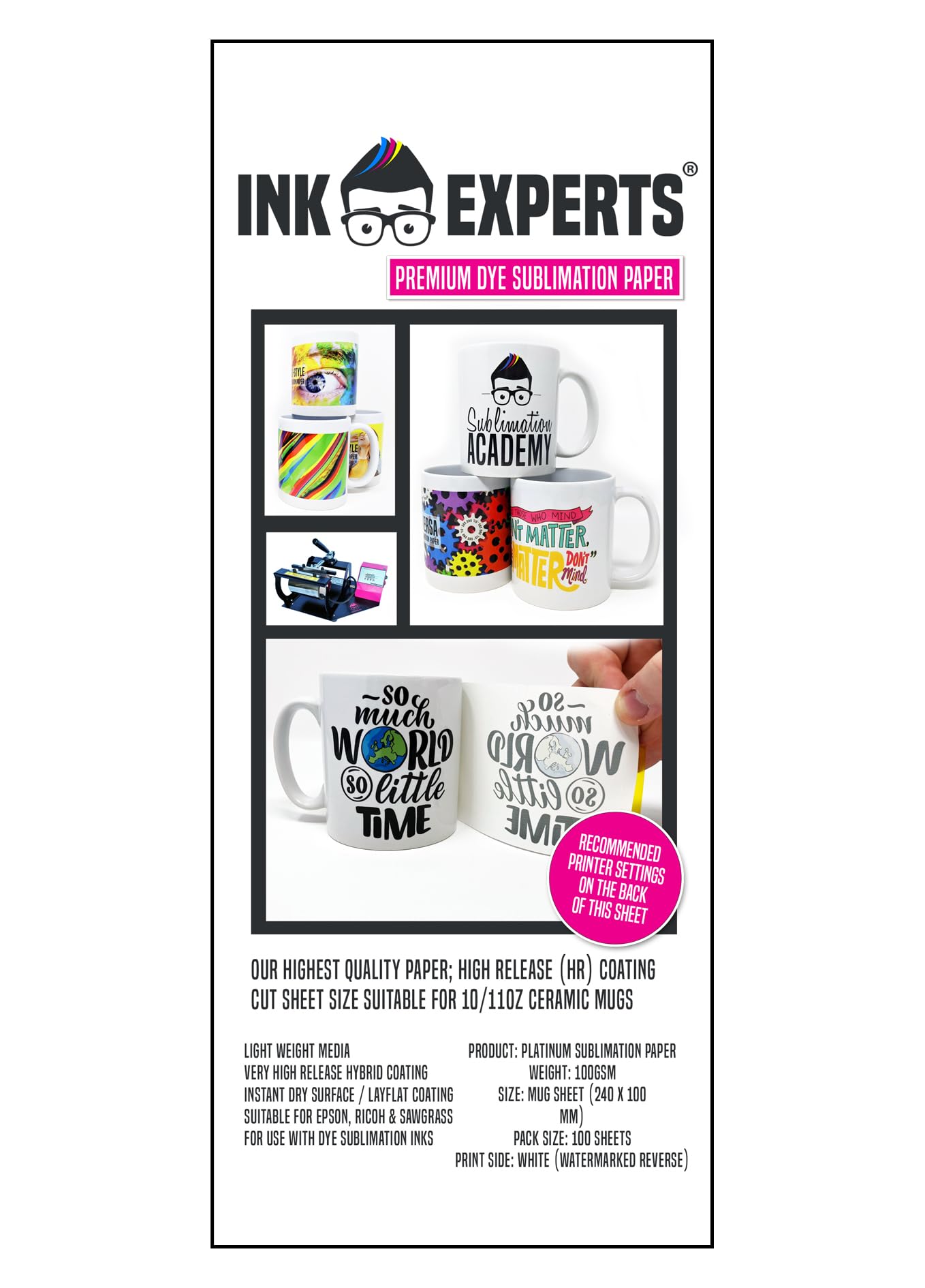 Ink Experts Platinum Premium Mug Size Sublimation Paper 100gsm (100 x 240mm) (1000)