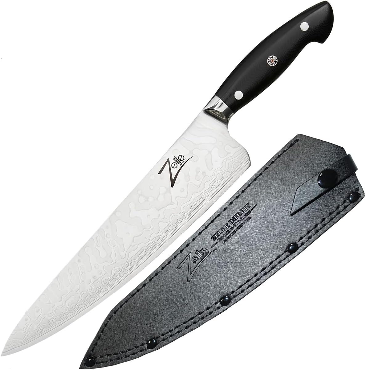 Zelite Damascus 10 Inch Chef Knife - Japanese Executive 10 Inch Chef's Knife for Kitchen with Curved Handle; Professional Kitchen Knife with Japanese AUS-10 Super Steel 45-Layer - Leather Sheath