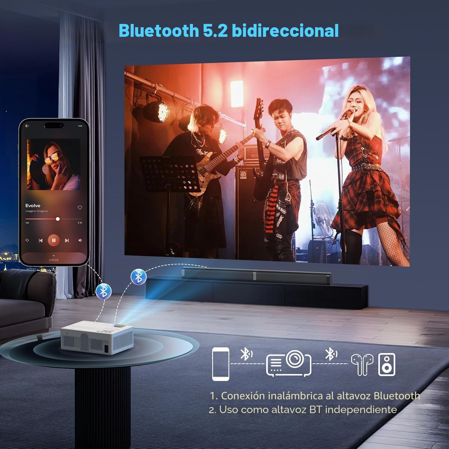 Puxinat AK-69 Projector showing bidirectional Bluetooth 5.2 connectivity