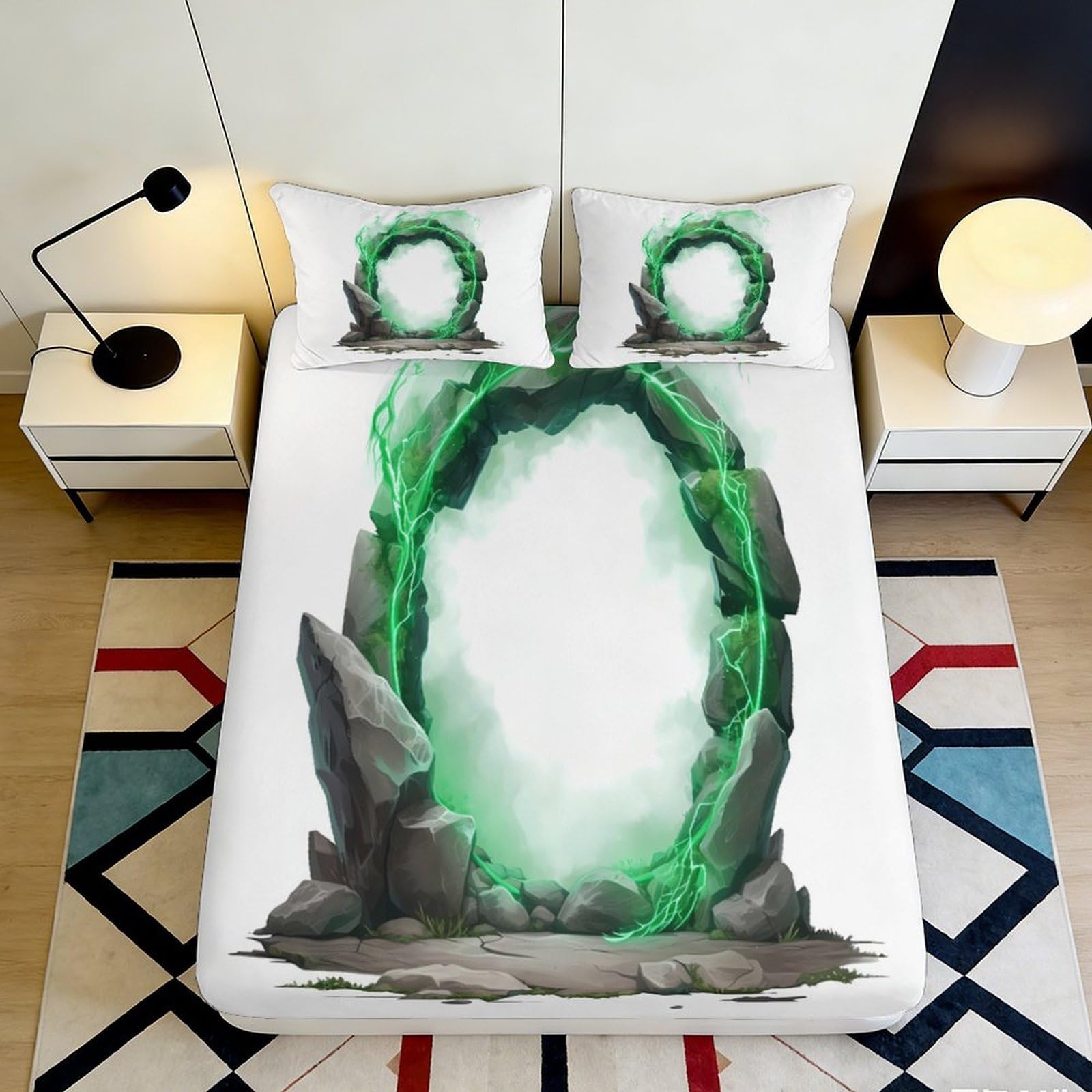 3D Printed Green Portal Fitted Sheet Microfiber Soft Breathable Mystic Door Bed Cover for Bedroom Dormitory Guest Room Mattress Protection Decor 160x200x25cm