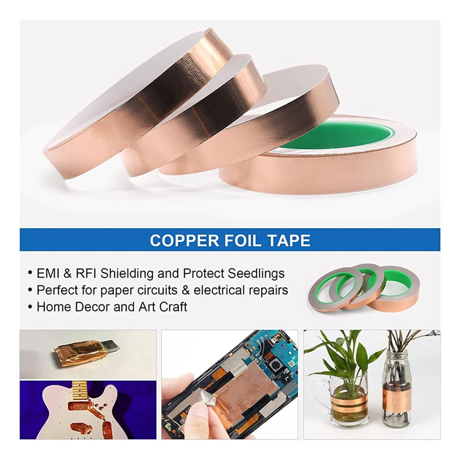 20M Copper Foil Tape with Double-Sided Conductive Adhesive for Guitar EMI Shielding Crafts Electrical Repairs Grounding Circuit(Width 20mm)