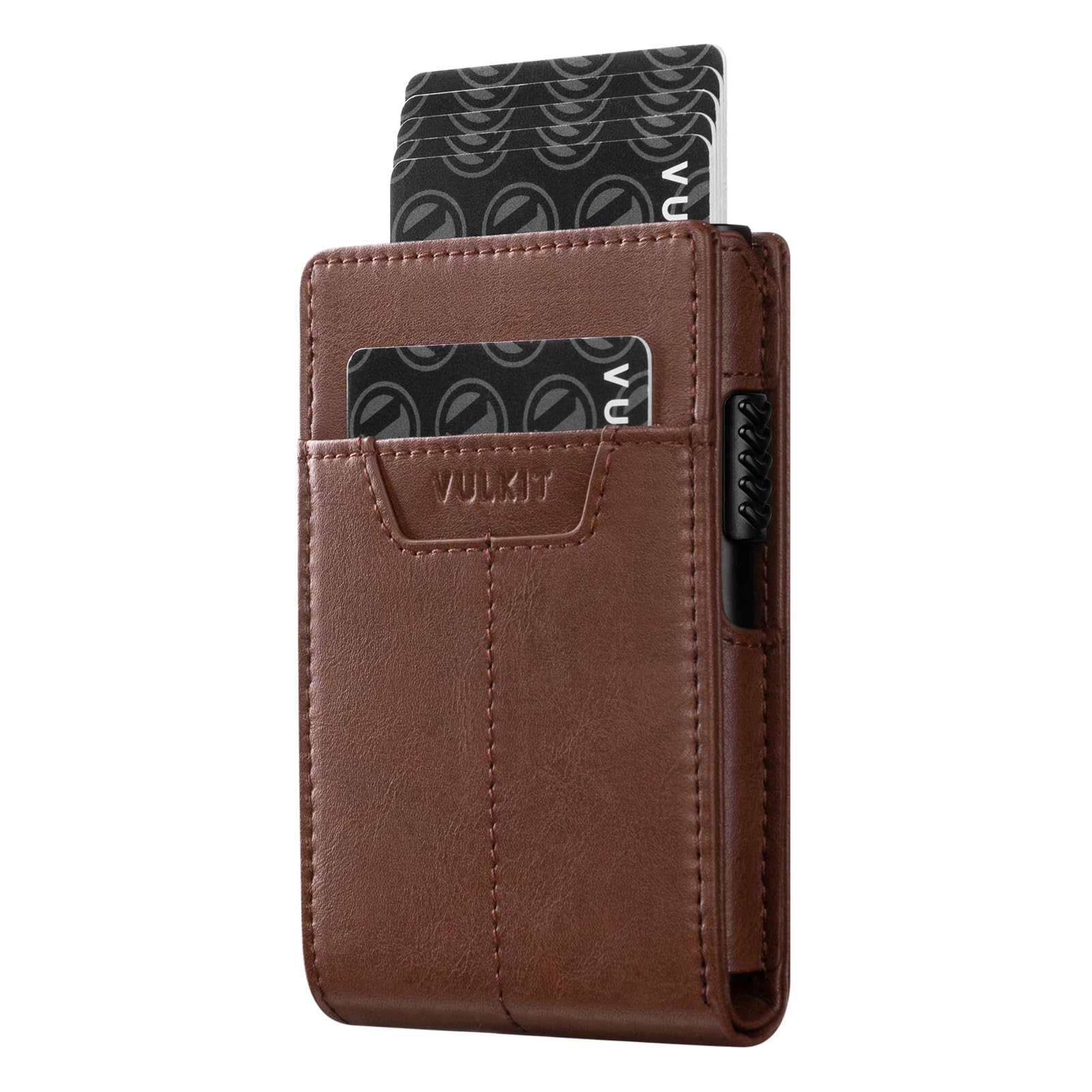 VULKIT Pop up Wallet for Men, Vertical Leather Credit Card Holder Wallet RFID Blocking with Cash Slot, Coin Pocket, ID Window Brown