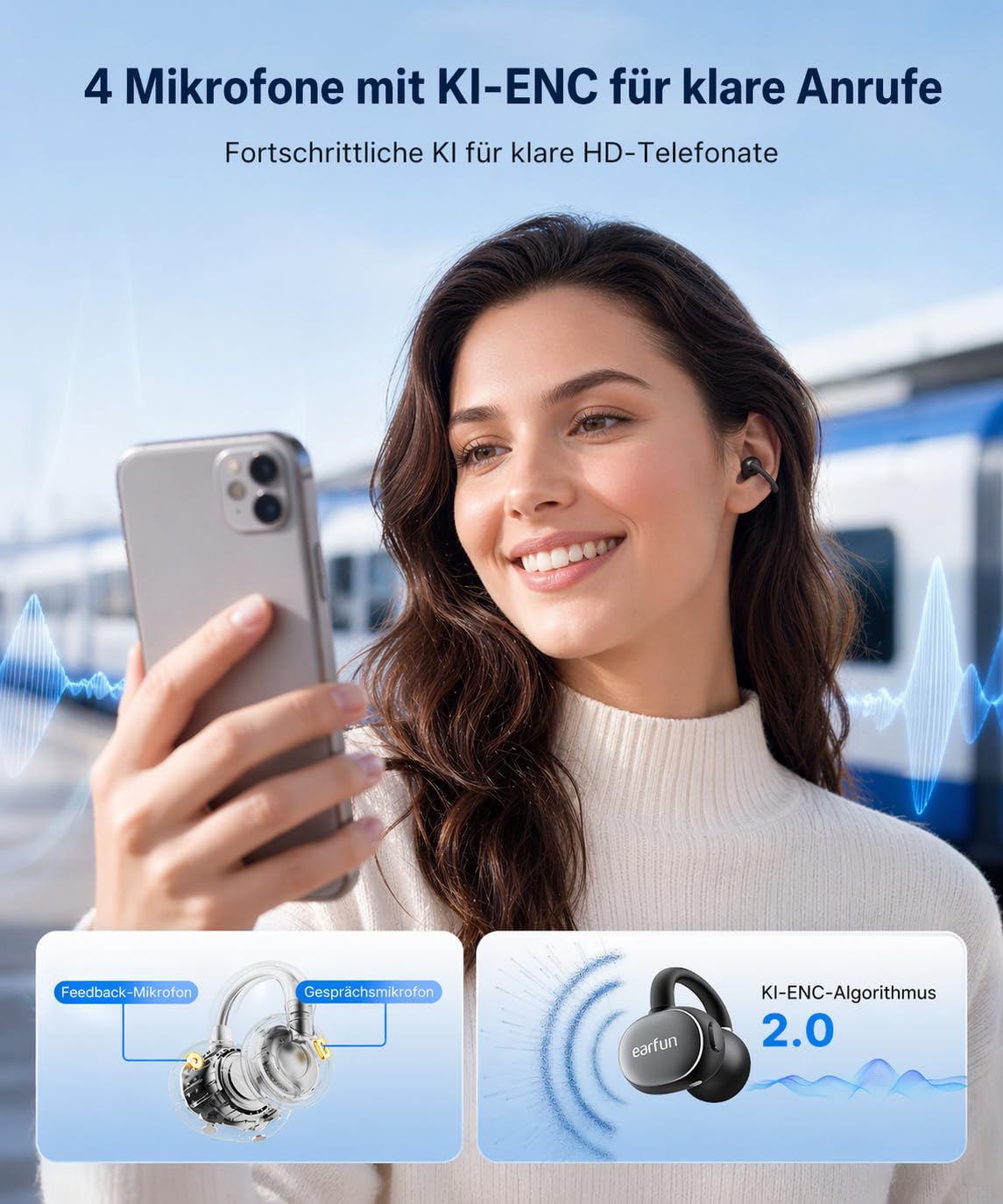 EarFun Clip 2 Open Ear Kopfhörer, Bluetooth Clip On Earbuds, 12 mm Titanium-Treiber, Hi-Res Audio, LDAC, 4 Mikrofone KI-Anrufe, 40 Std. Akku, IP55, Kabelloses Laden