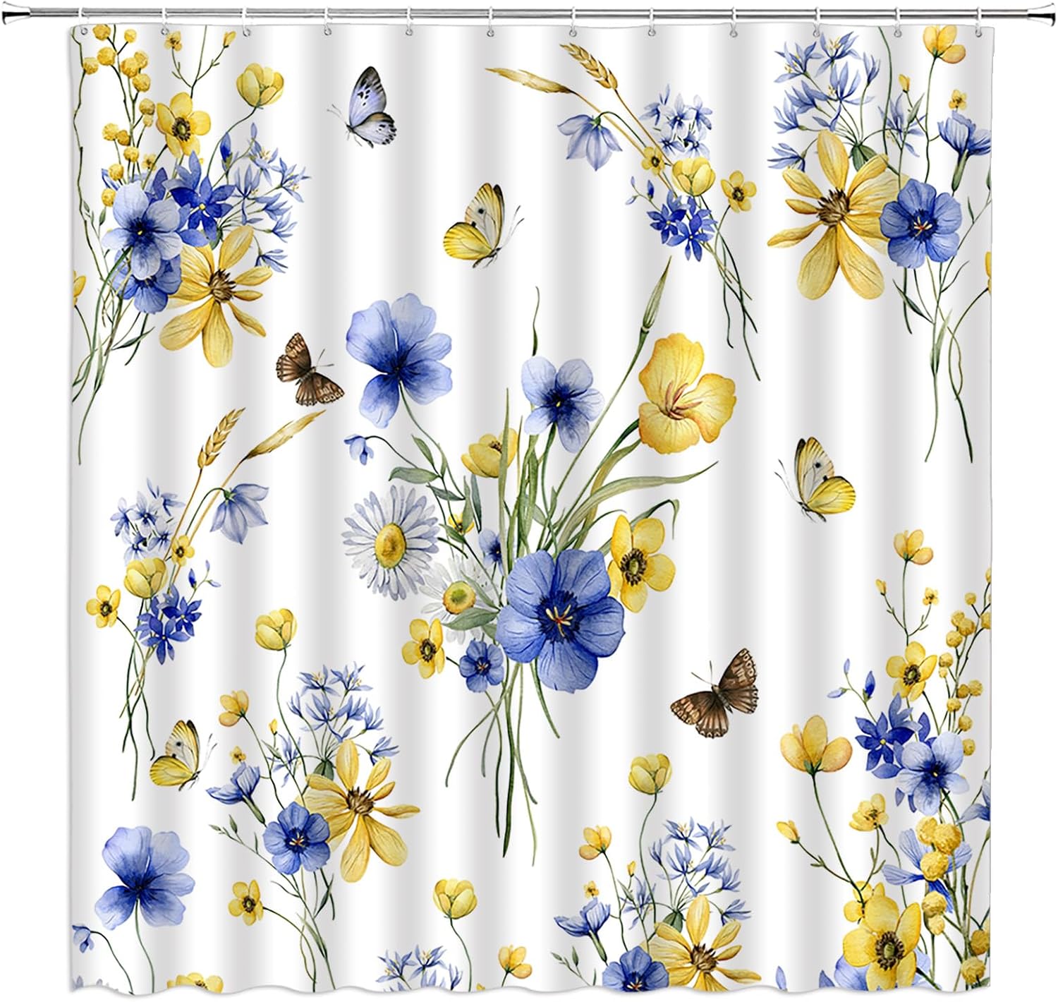 GCTNBJL Yellow Blue Flower Shower Curtain Rustic Watercolor Blue and Yellow Floral Butterfly Nature Spring Plant Bathroom Decor Fabric Curtain with Hooks