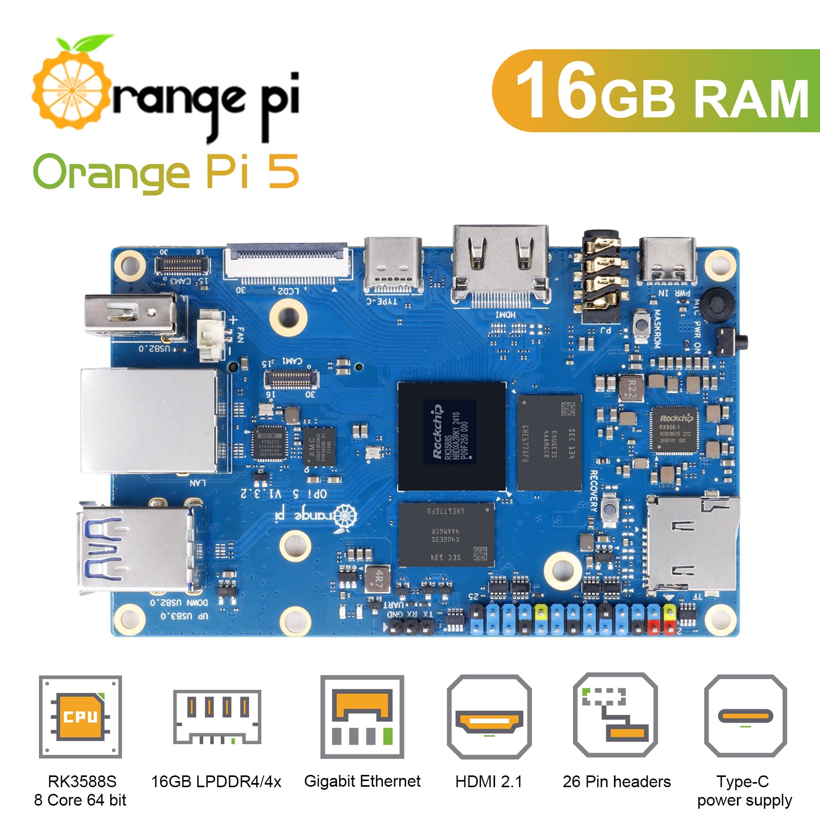 Orange Pi 5 16GB Rockchip RK3588S 8 Core 64 Bit Single Board Computer, 2.4GHz Frequency 8K Video Decoding Open Source Board Mini PC Desktop Run Orange Pi OS, Android12, Debian11 (Pi 5 16GB)